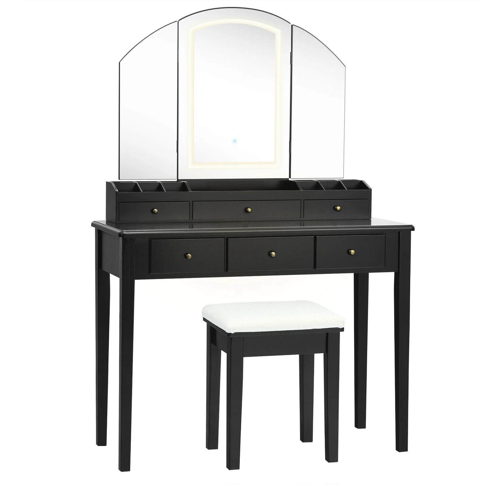 Vanity Table Stool Set, Large Tri-Folding Lighted Mirror, Black