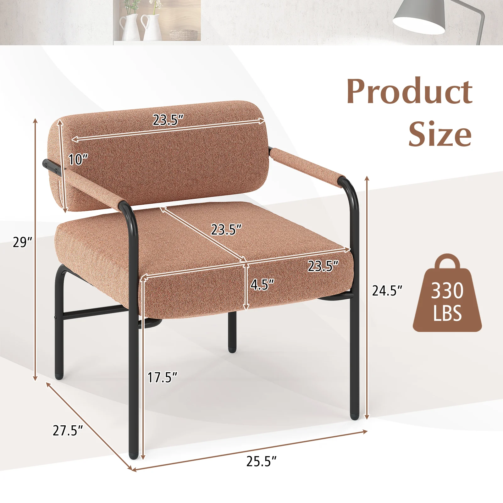 Velvet Accent Chair, Cylindrical Backrest, Metal Armrests, Brown - Image 4