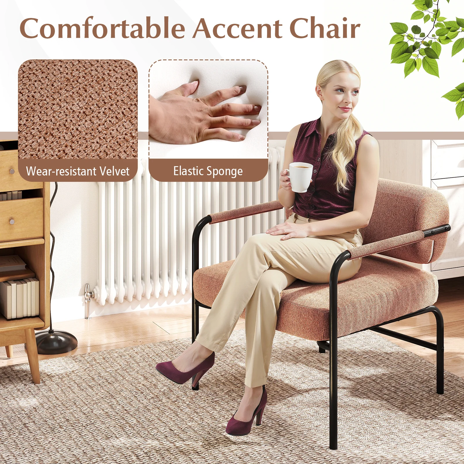 Velvet Accent Chair, Cylindrical Backrest, Metal Armrests, Brown - Image 6
