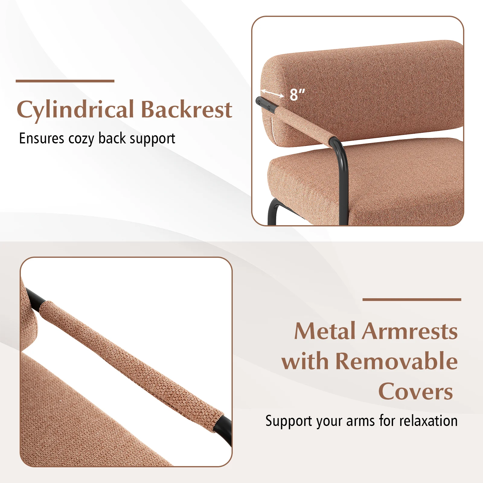 Velvet Accent Chair, Cylindrical Backrest, Metal Armrests, Brown - Image 8