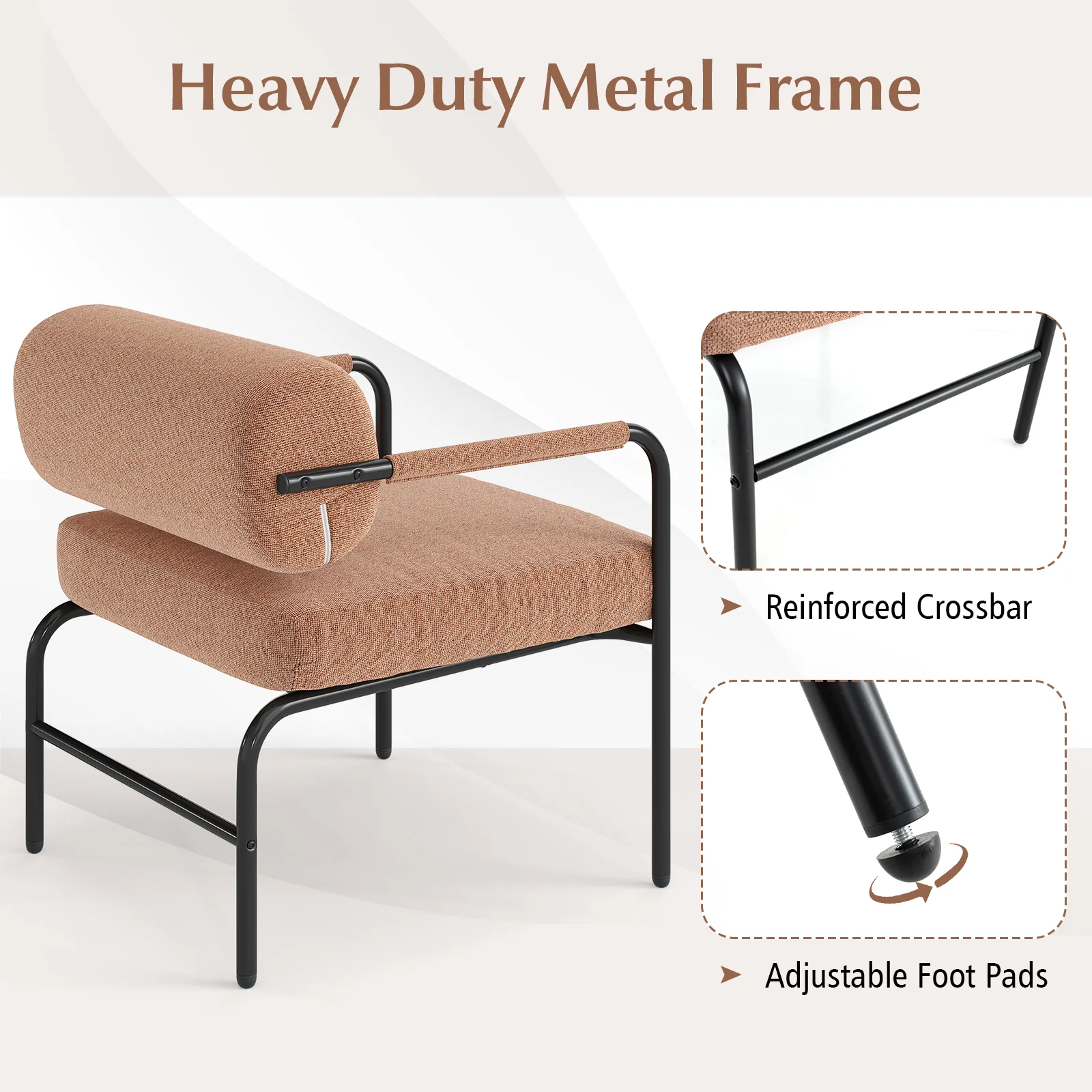 Velvet Accent Chair, Cylindrical Backrest, Metal Armrests, Brown - Image 9