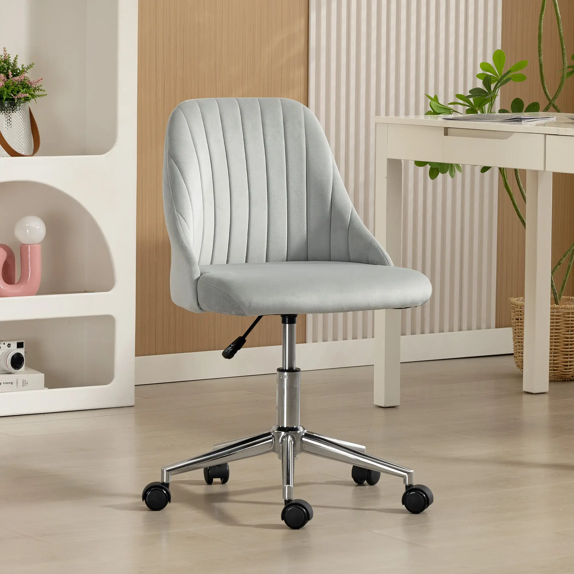 Velvet Adjustable Height Swivel Chair, For Makeup Office Bedroom, Grey - Image 11