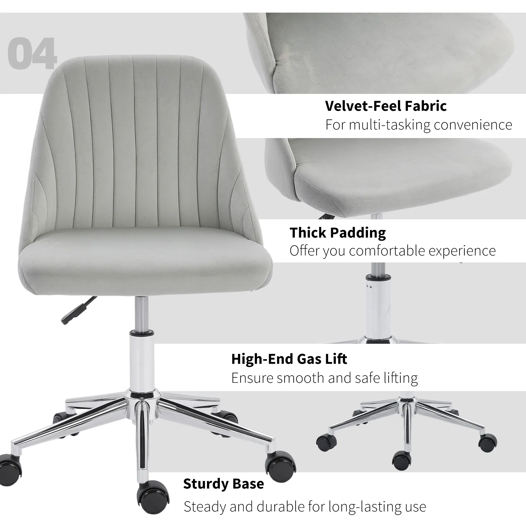 Velvet Adjustable Height Swivel Chair, For Makeup Office Bedroom, Grey - Image 7