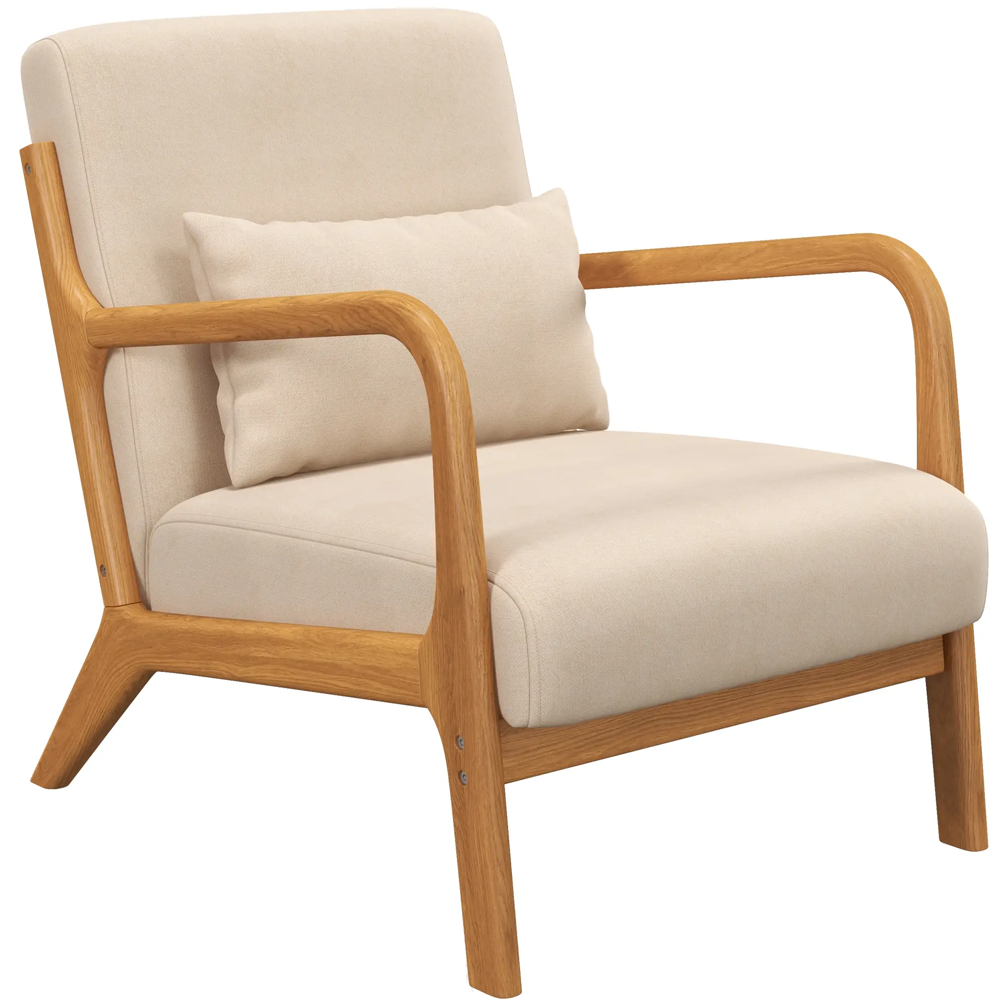 Velvet Armchair, Retro Accent Chair with Wood Legs, Beige