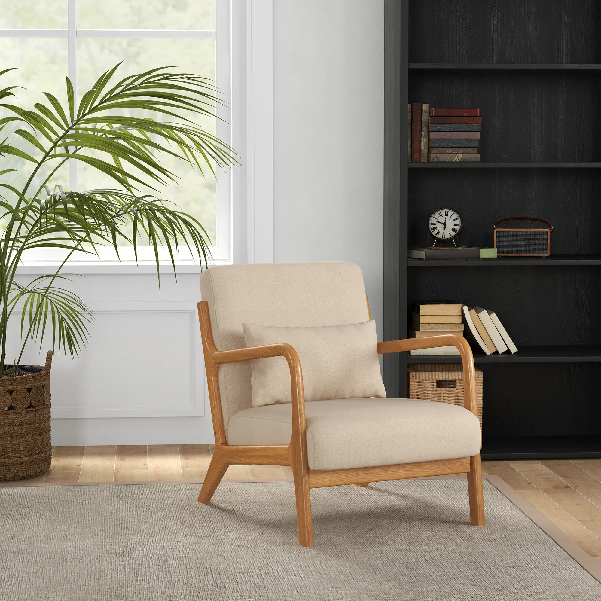Velvet Armchair, Retro Accent Chair with Wood Legs, Beige - Image 10