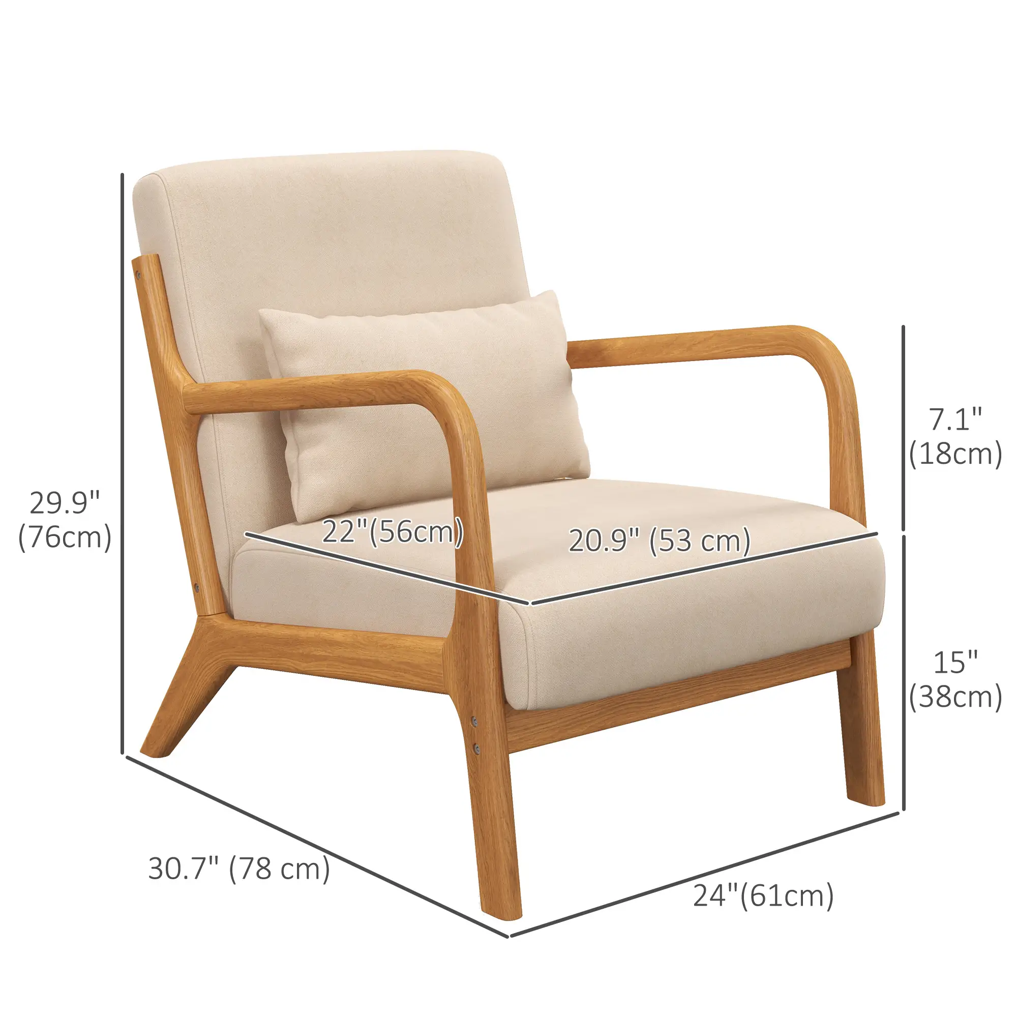 Velvet Armchair, Retro Accent Chair with Wood Legs, Beige - Image 3