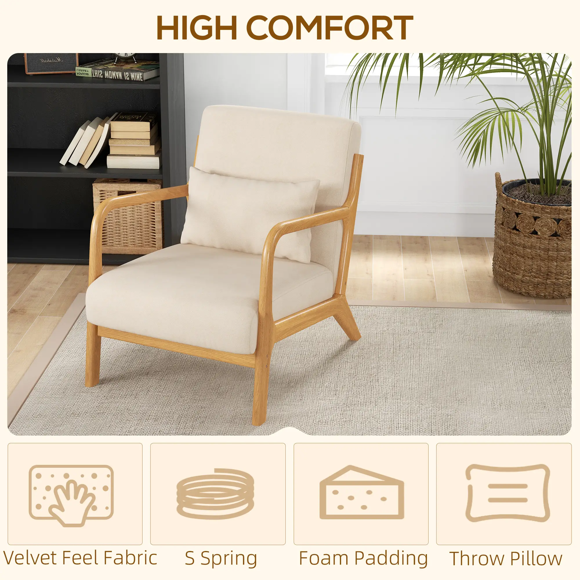 Velvet Armchair, Retro Accent Chair with Wood Legs, Beige - Image 4