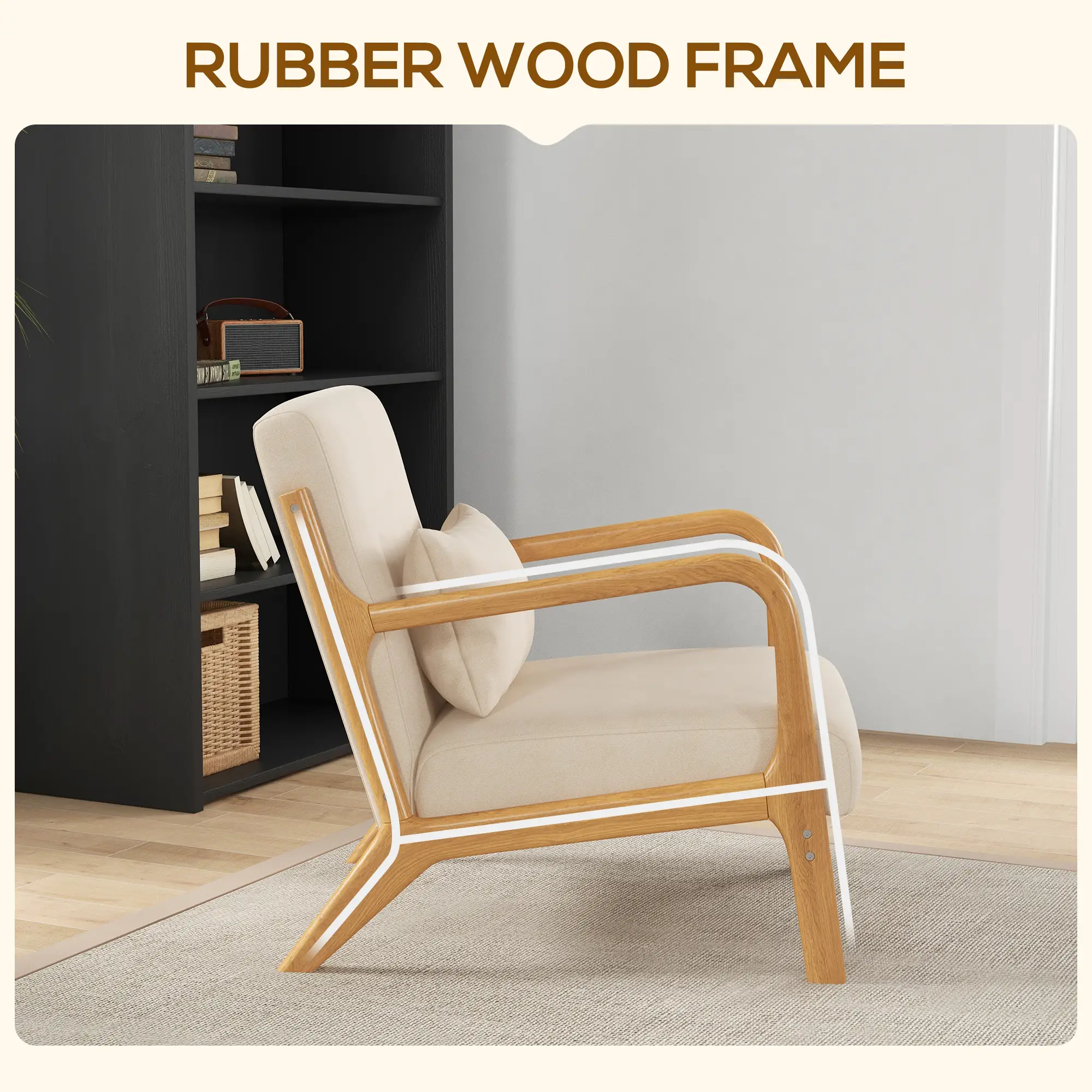 Velvet Armchair, Retro Accent Chair with Wood Legs, Beige - Image 5