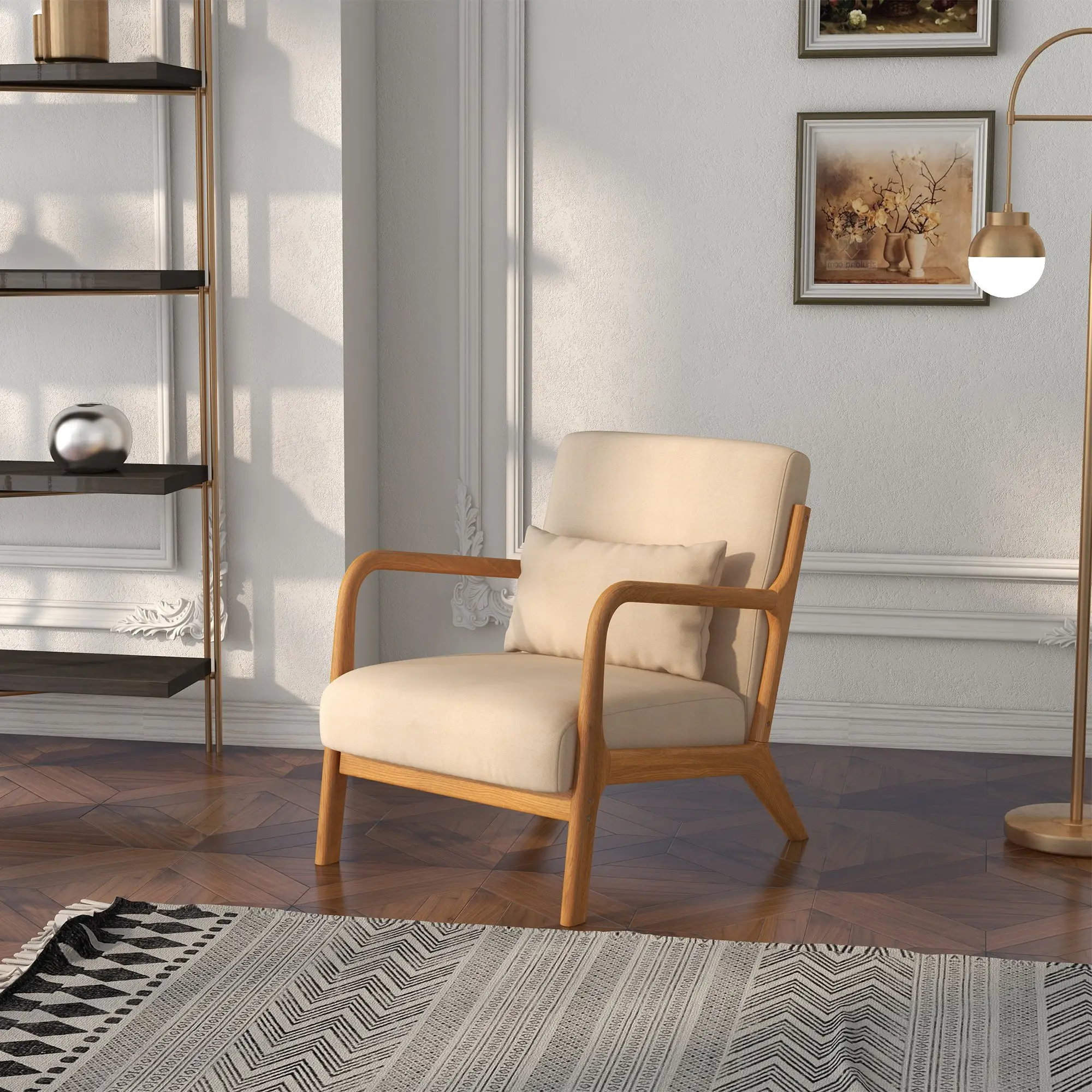 Velvet Armchair, Retro Accent Chair with Wood Legs, Beige - Image 6