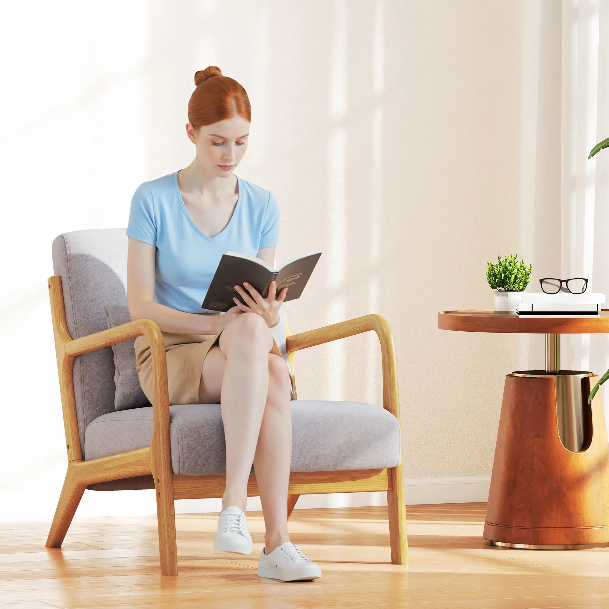 Velvet Armchair, Retro Accent Chair with Wood Legs, Grey - Image 2