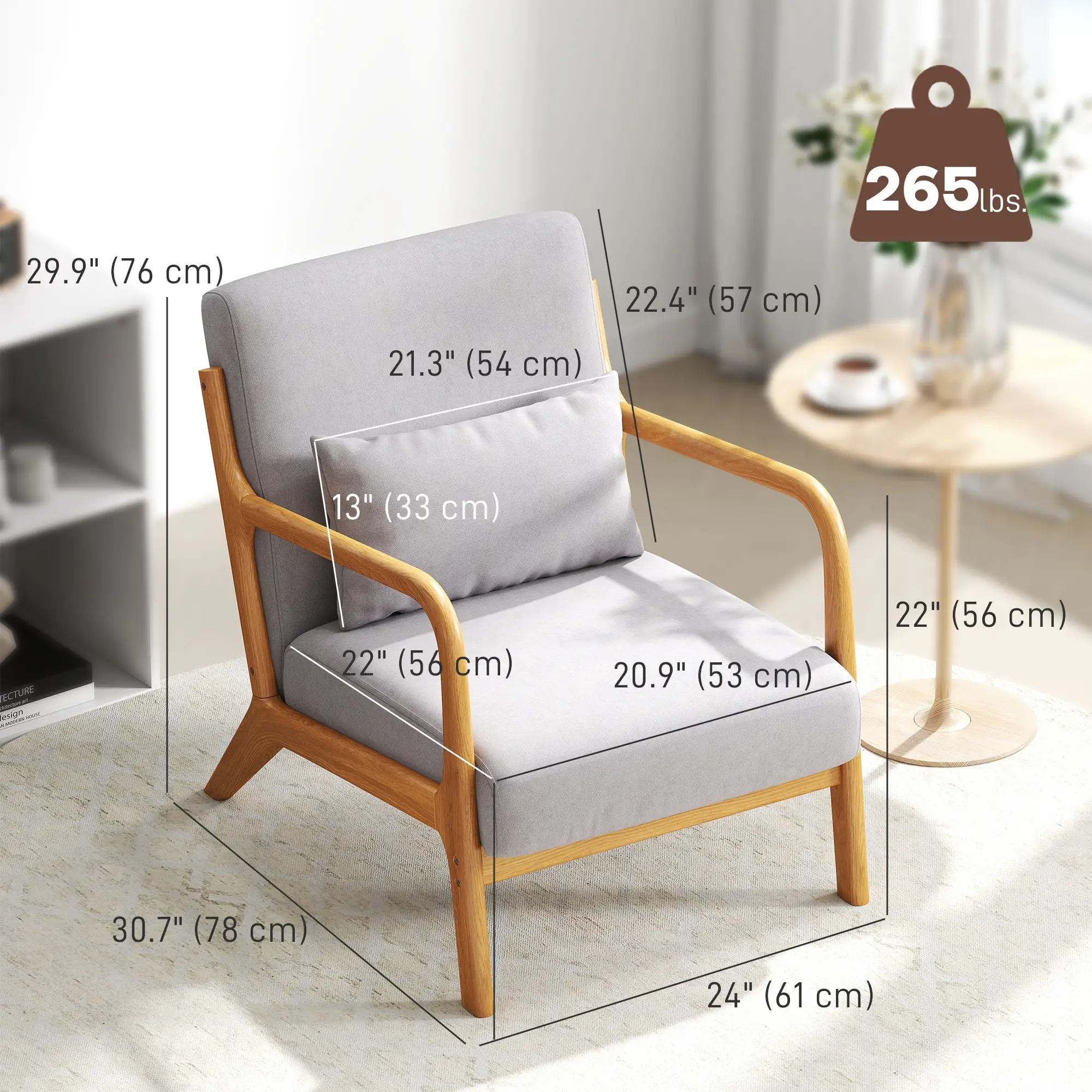 Velvet Armchair, Retro Accent Chair with Wood Legs, Grey - Image 3