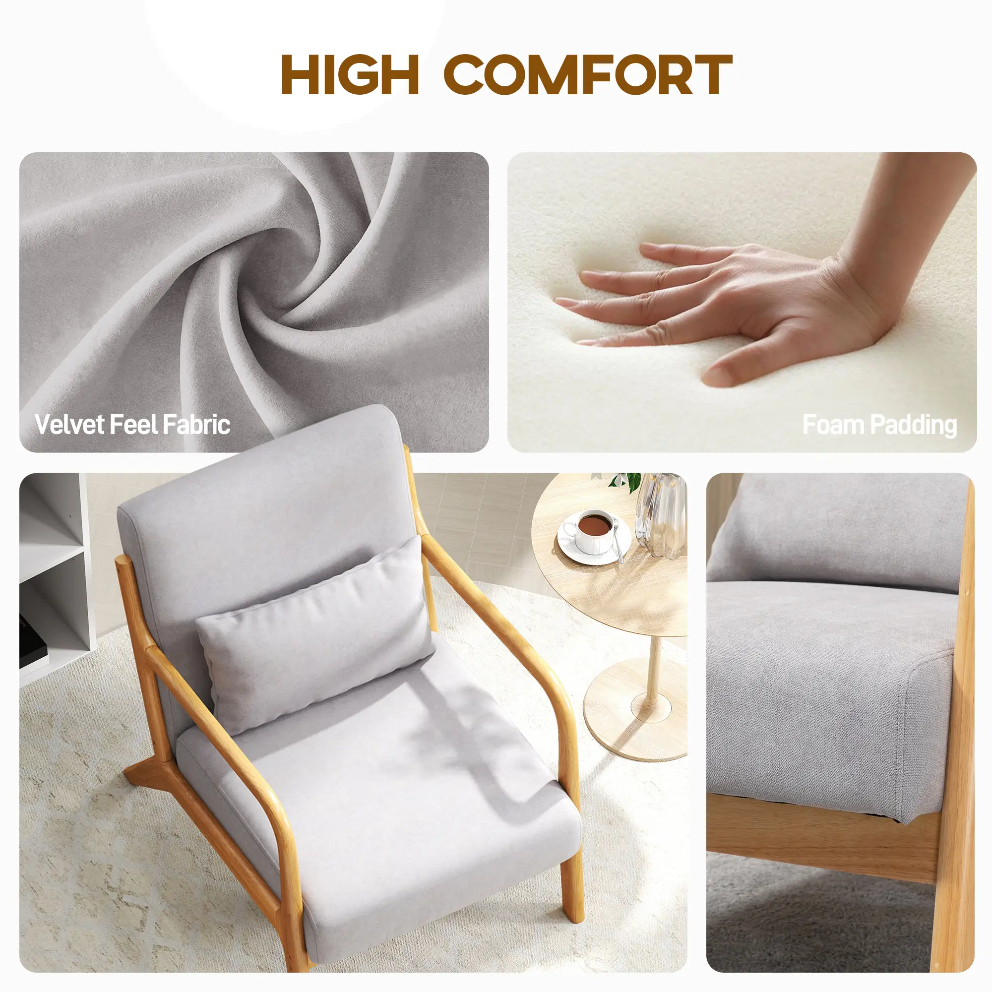 Velvet Armchair, Retro Accent Chair with Wood Legs, Grey - Image 4