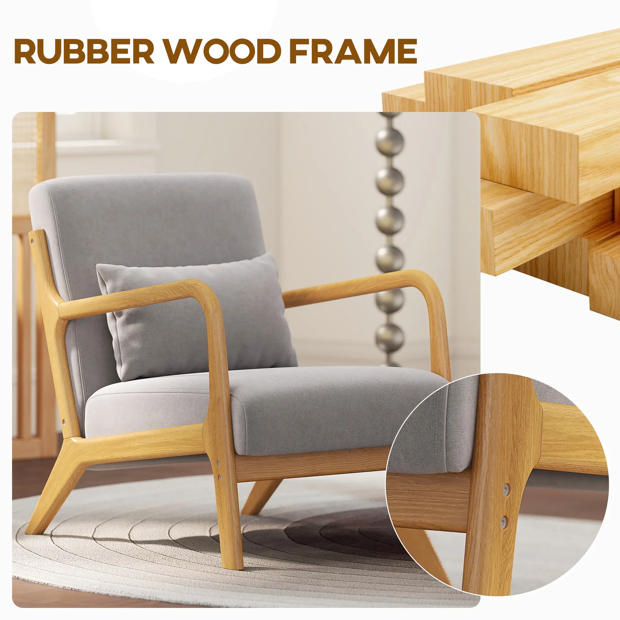 Velvet Armchair, Retro Accent Chair with Wood Legs, Grey - Image 5