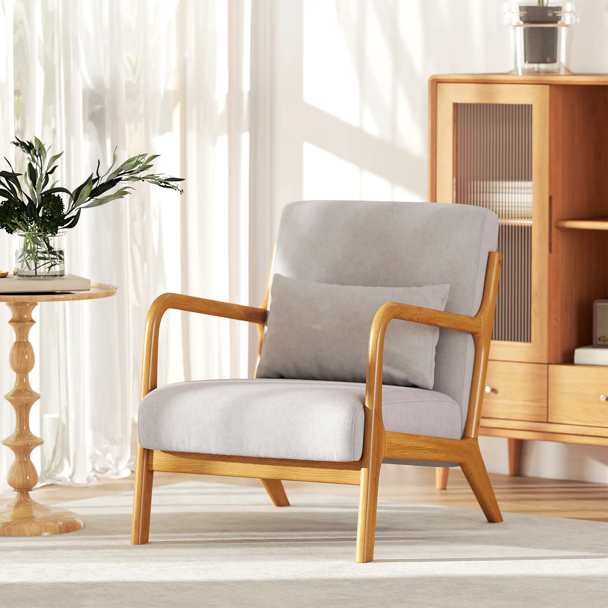 Velvet Armchair, Retro Accent Chair with Wood Legs, Grey - Image 6