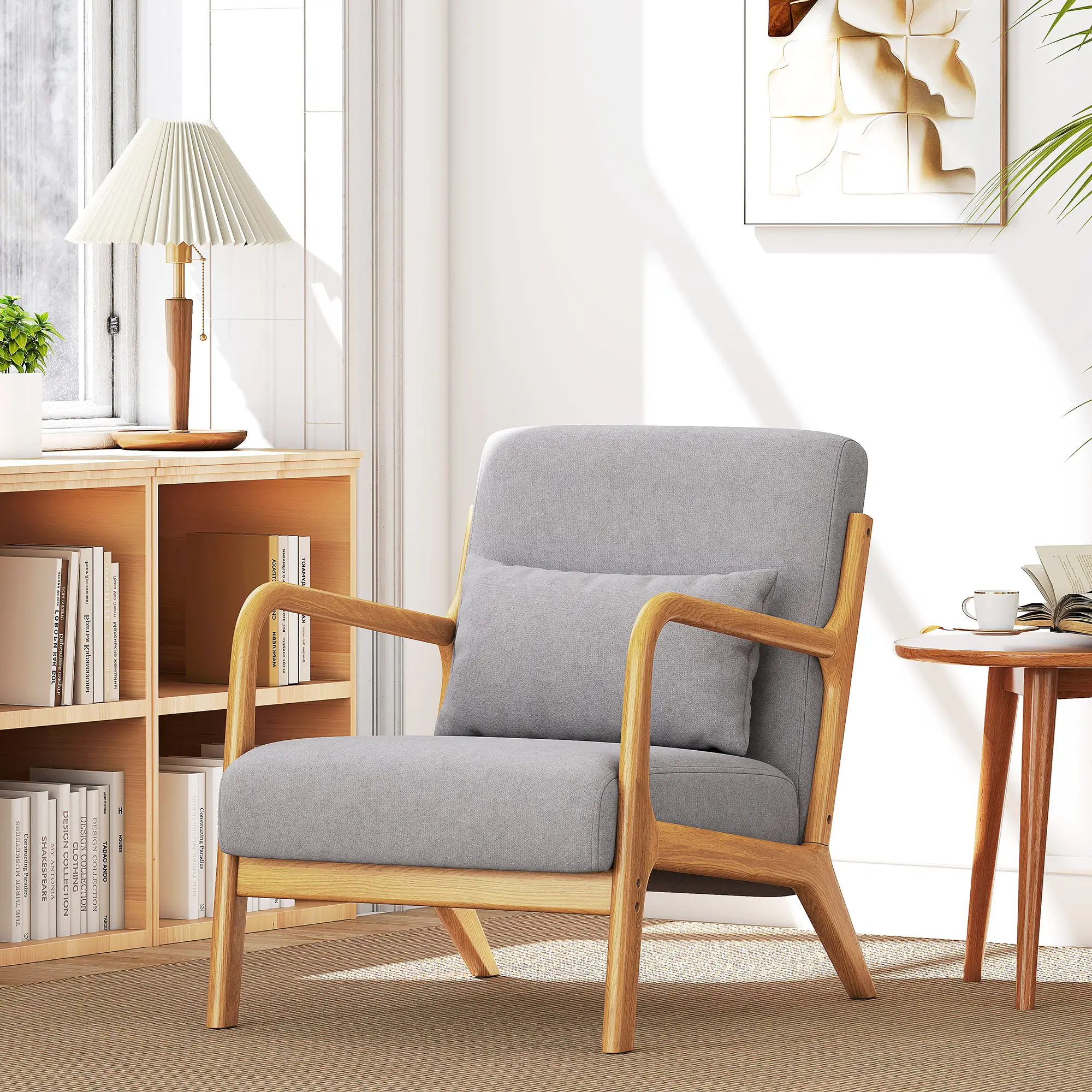 Velvet Armchair, Retro Accent Chair with Wood Legs, Grey - Image 8