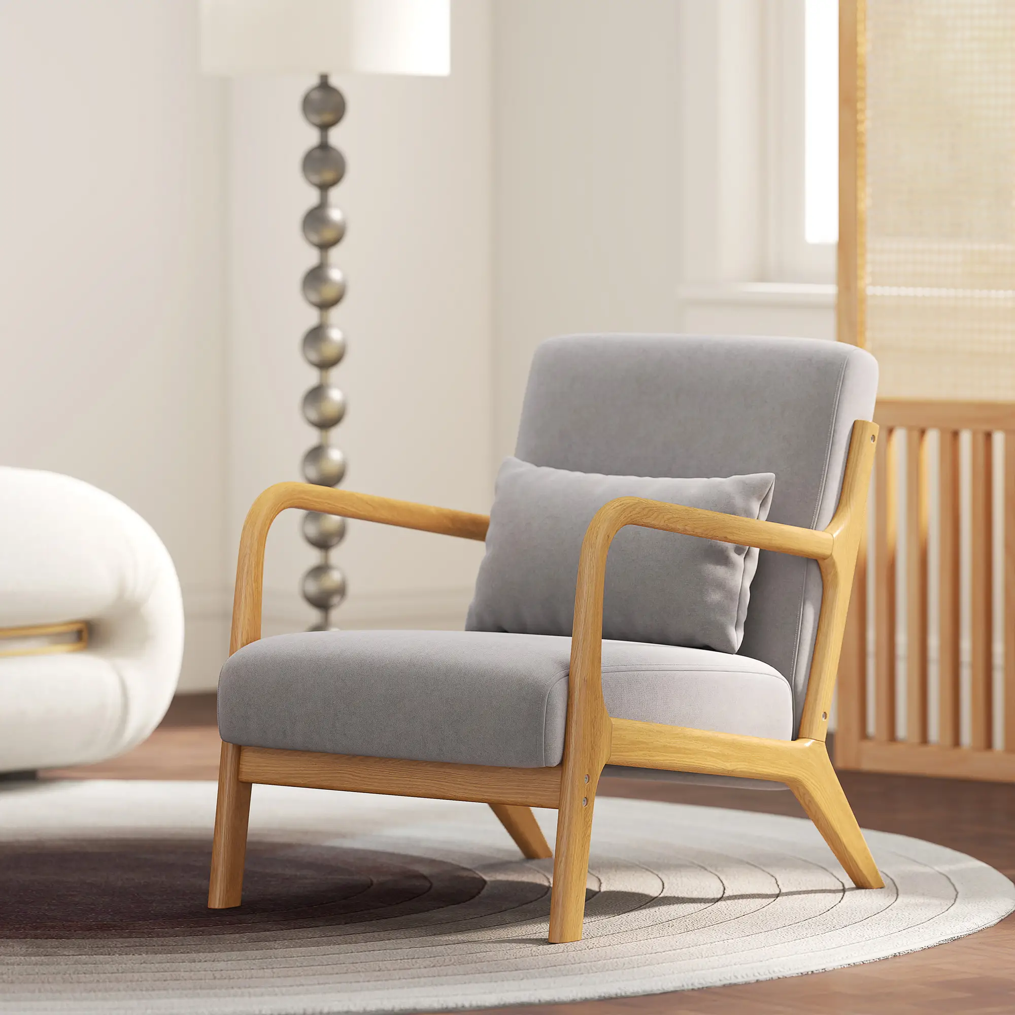 Velvet Armchair, Retro Accent Chair with Wood Legs, Grey - Image 9