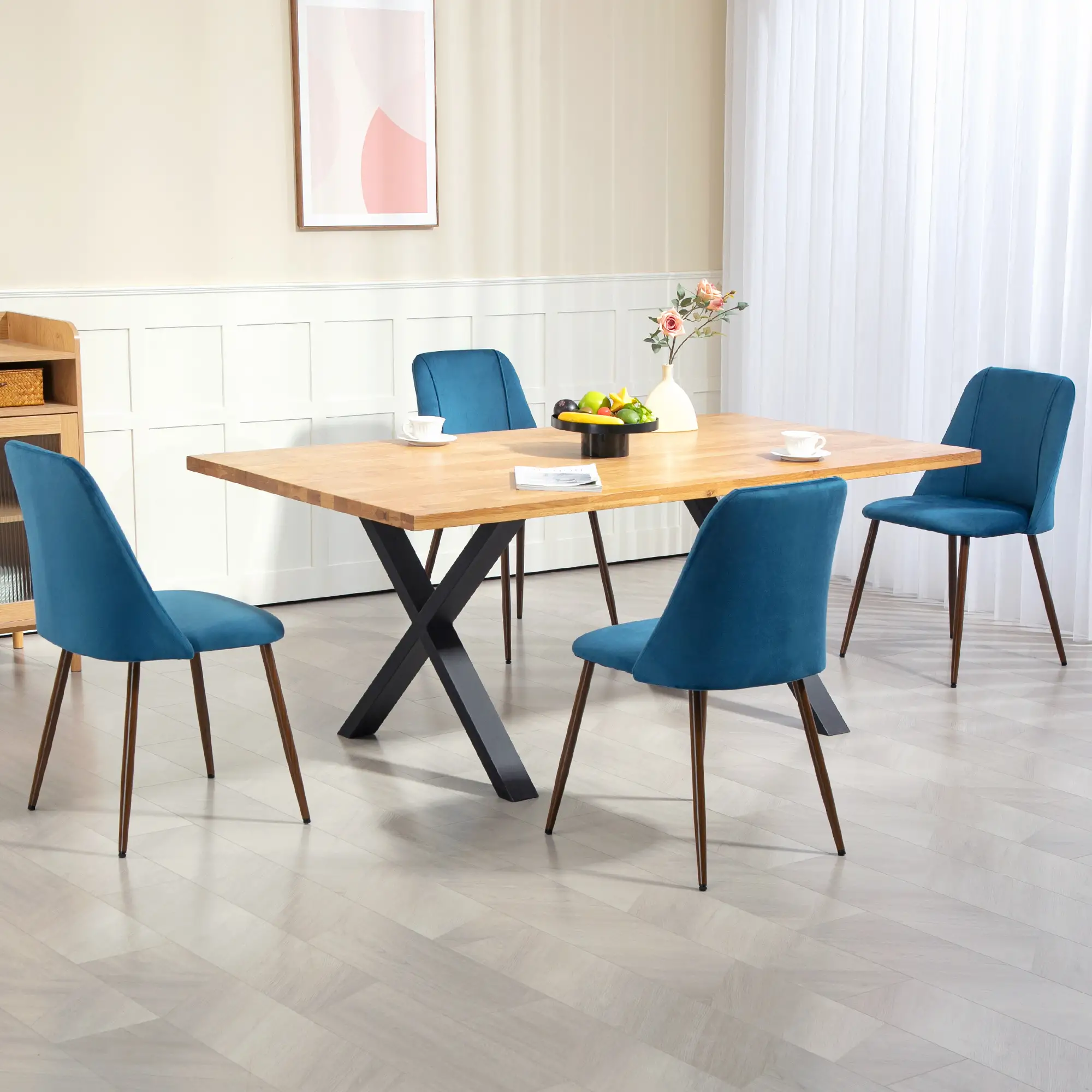 Velvet Dining Chairs Set of 4, Wood-Grain Steel Leg, Dark Blue - Image 2