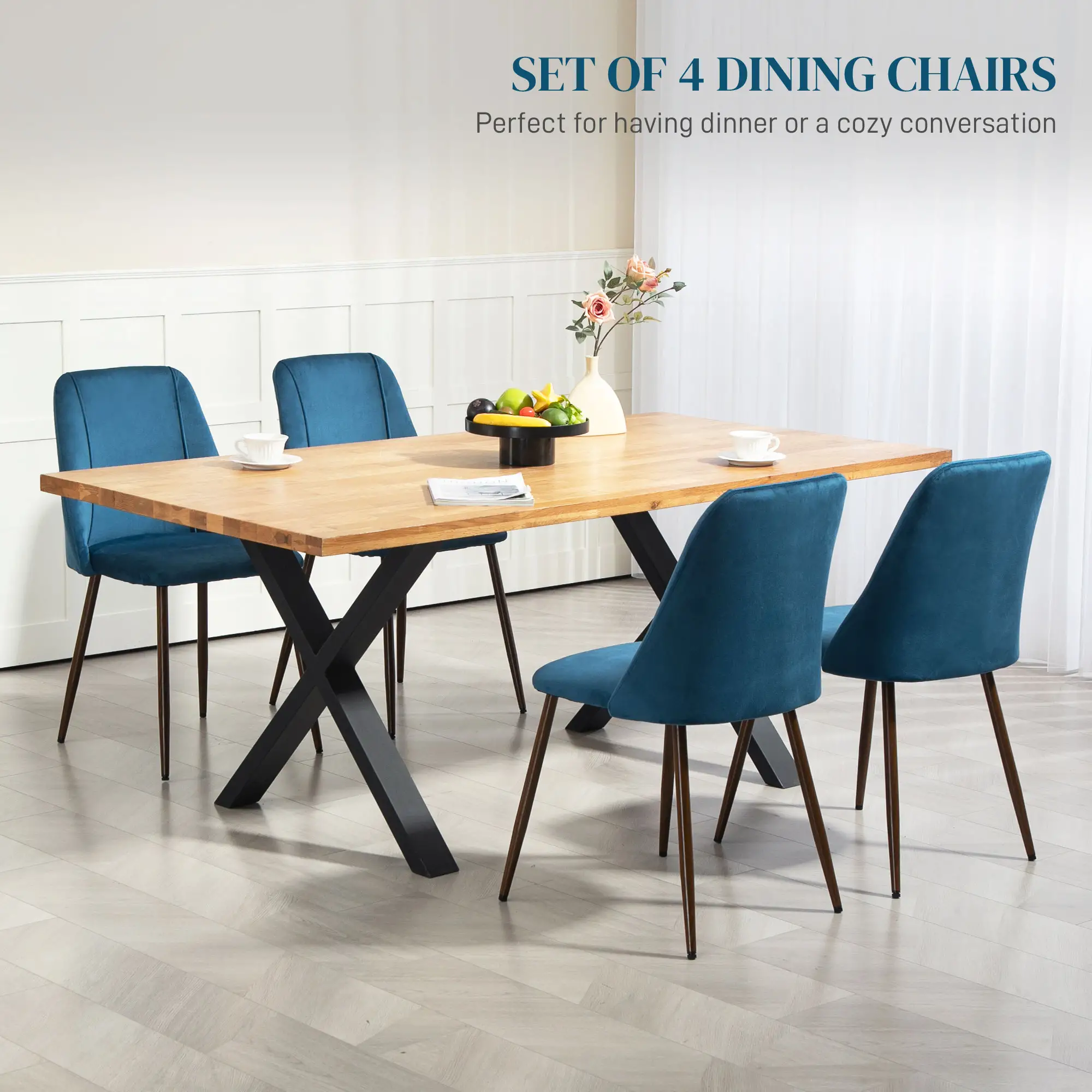 Velvet Dining Chairs Set of 4, Wood-Grain Steel Leg, Dark Blue - Image 4