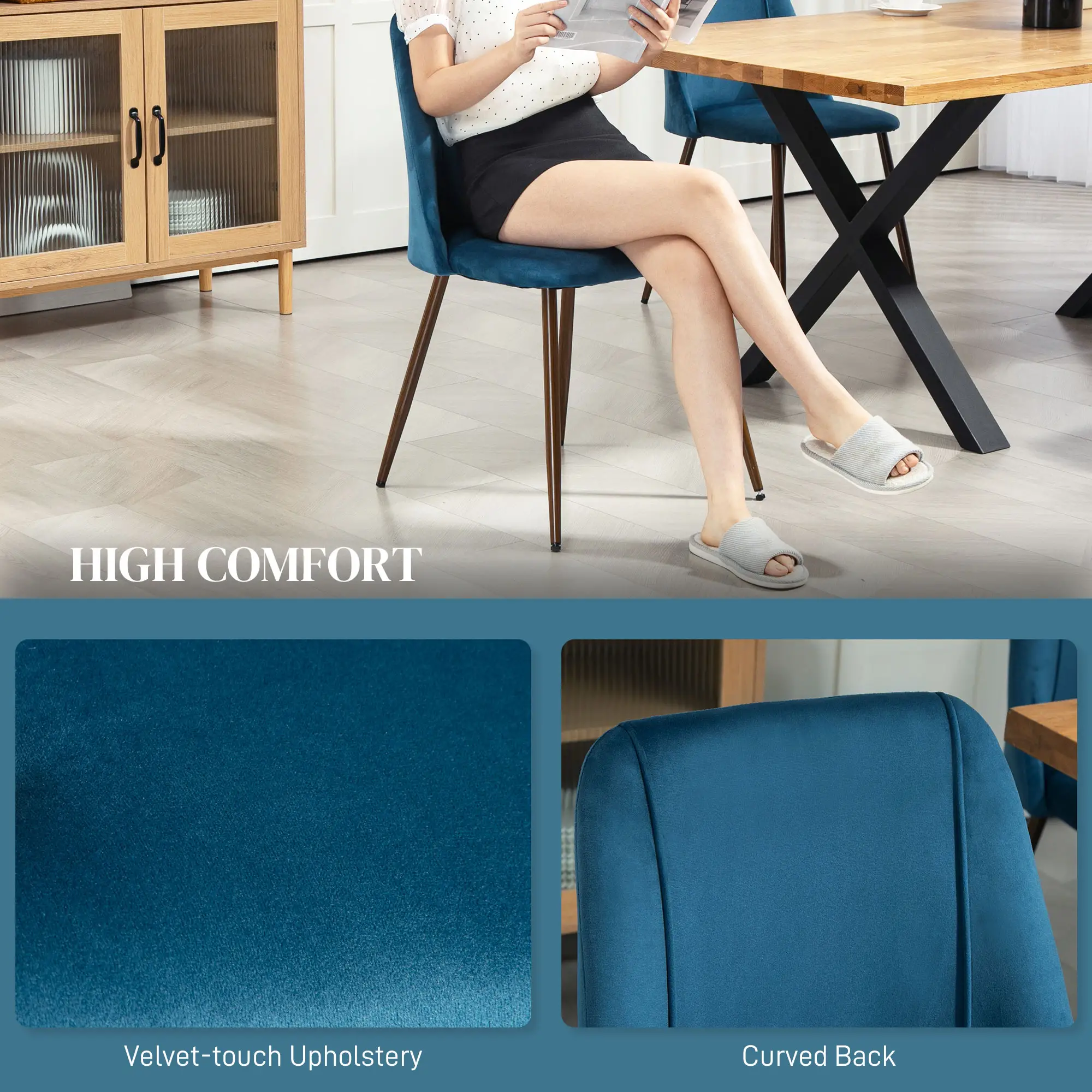 Velvet Dining Chairs Set of 4, Wood-Grain Steel Leg, Dark Blue - Image 5