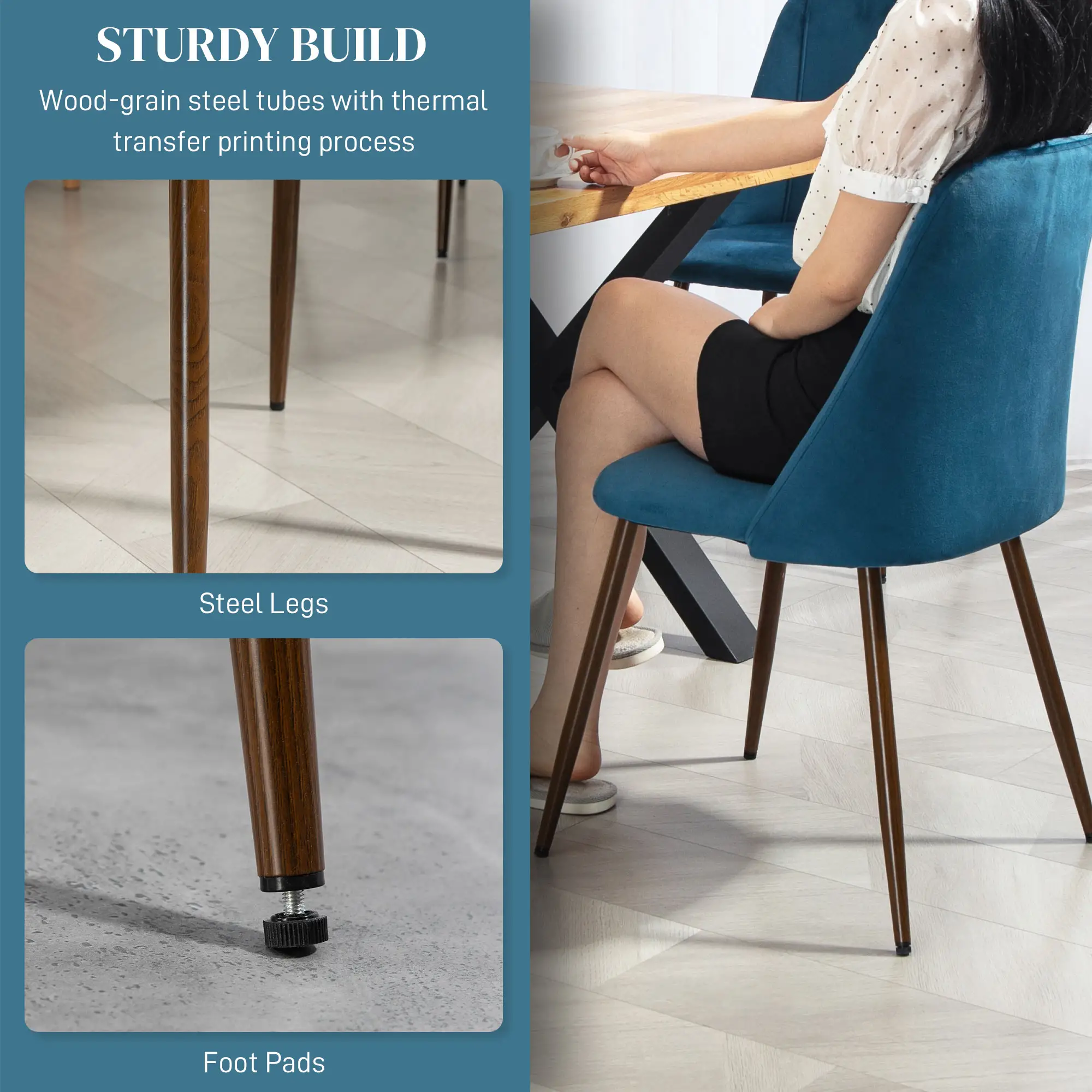 Velvet Dining Chairs Set of 4, Wood-Grain Steel Leg, Dark Blue - Image 6