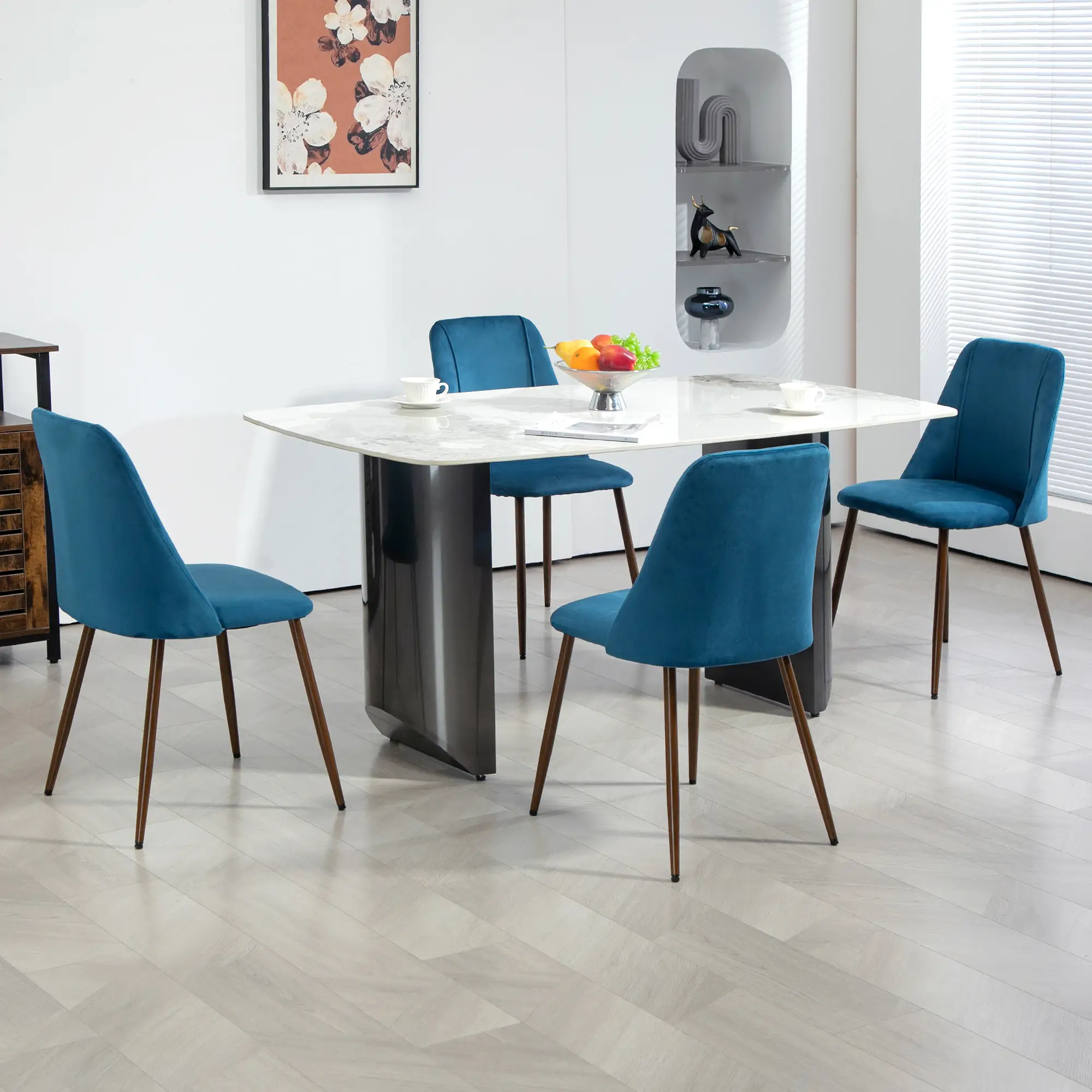 Velvet Dining Chairs Set of 4, Wood-Grain Steel Leg, Dark Blue - Image 8