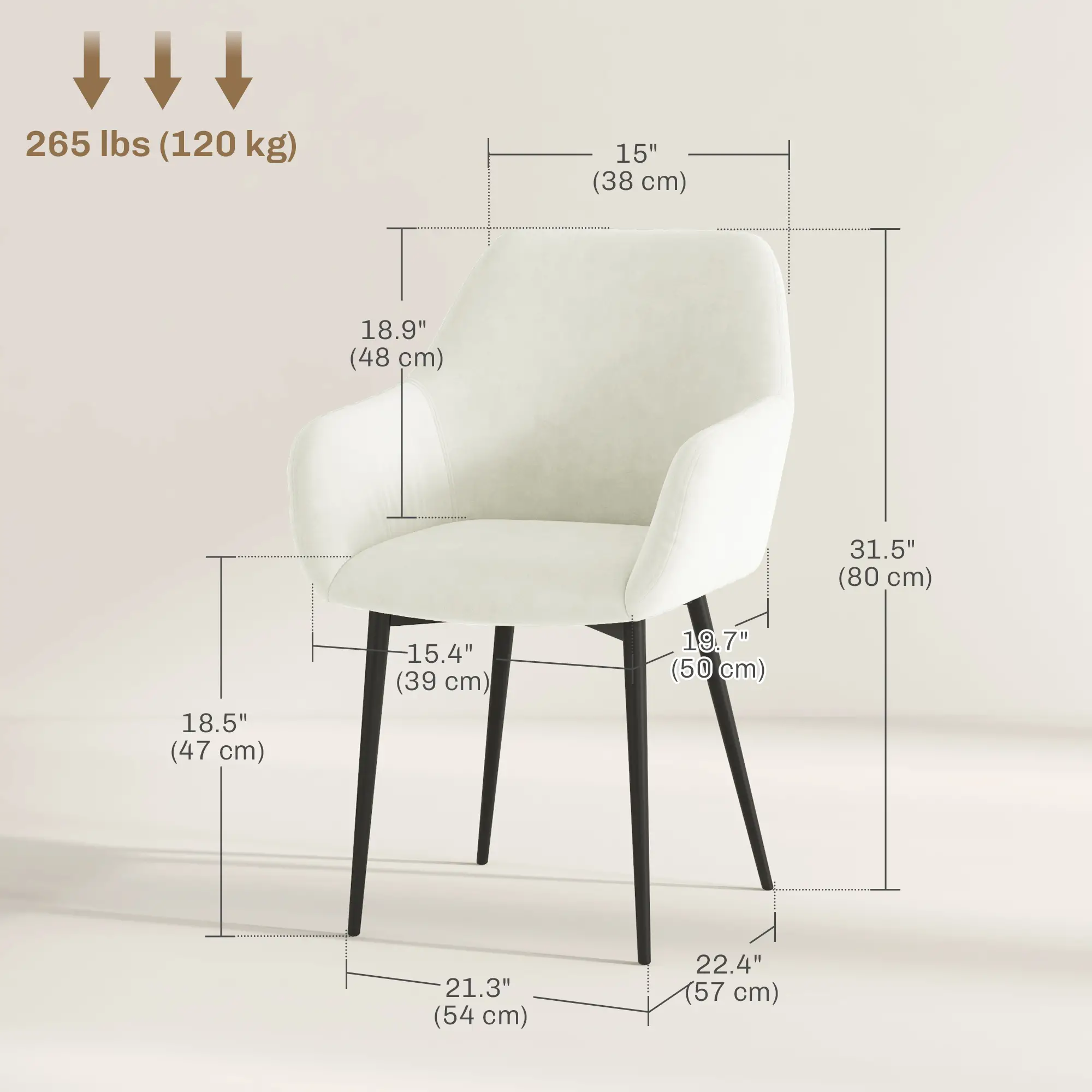 Velvet Fabric Dining Chairs Set of 2, Steel Legs, Cream White - Image 3