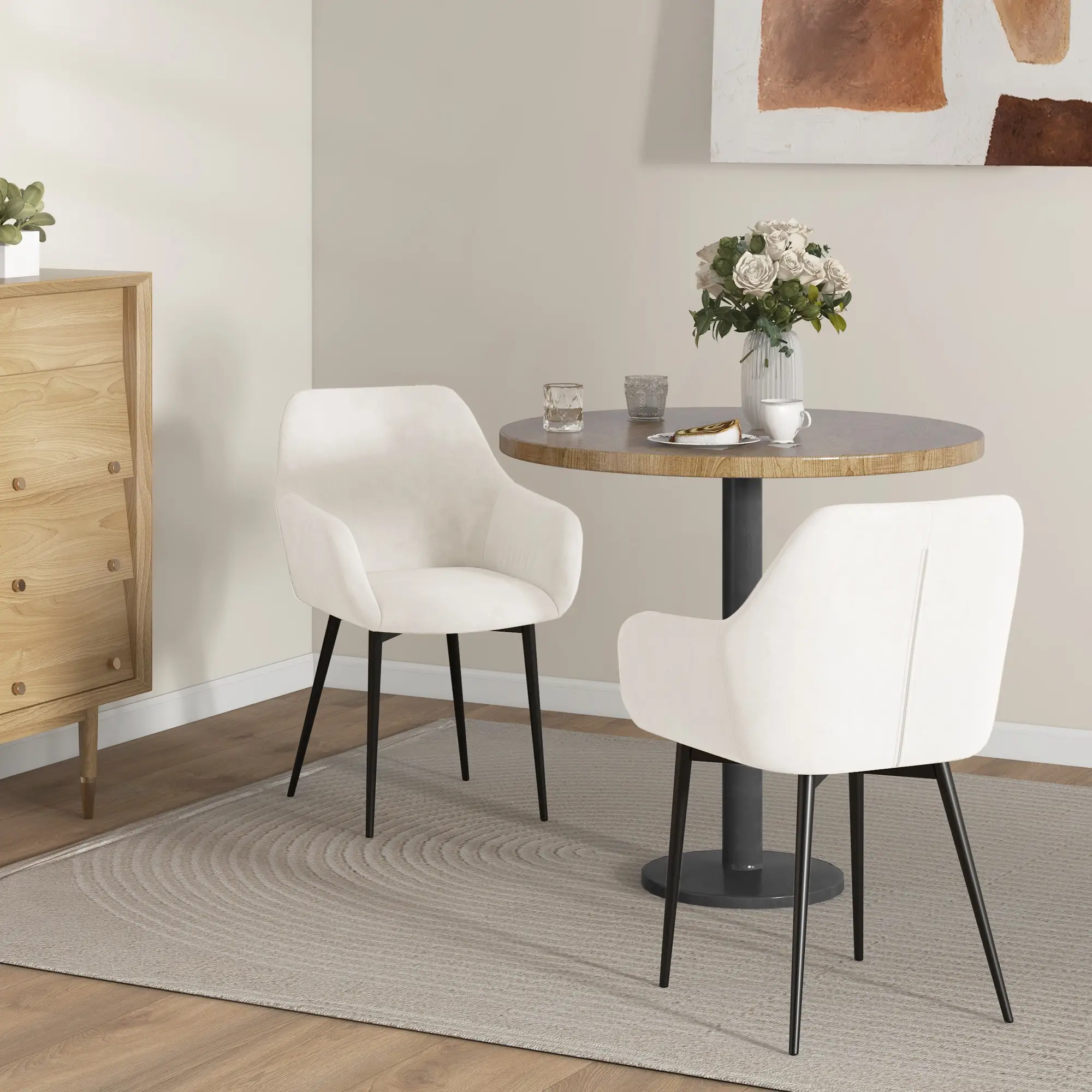 Velvet Fabric Dining Chairs Set of 2, Steel Legs, Cream White - Image 8