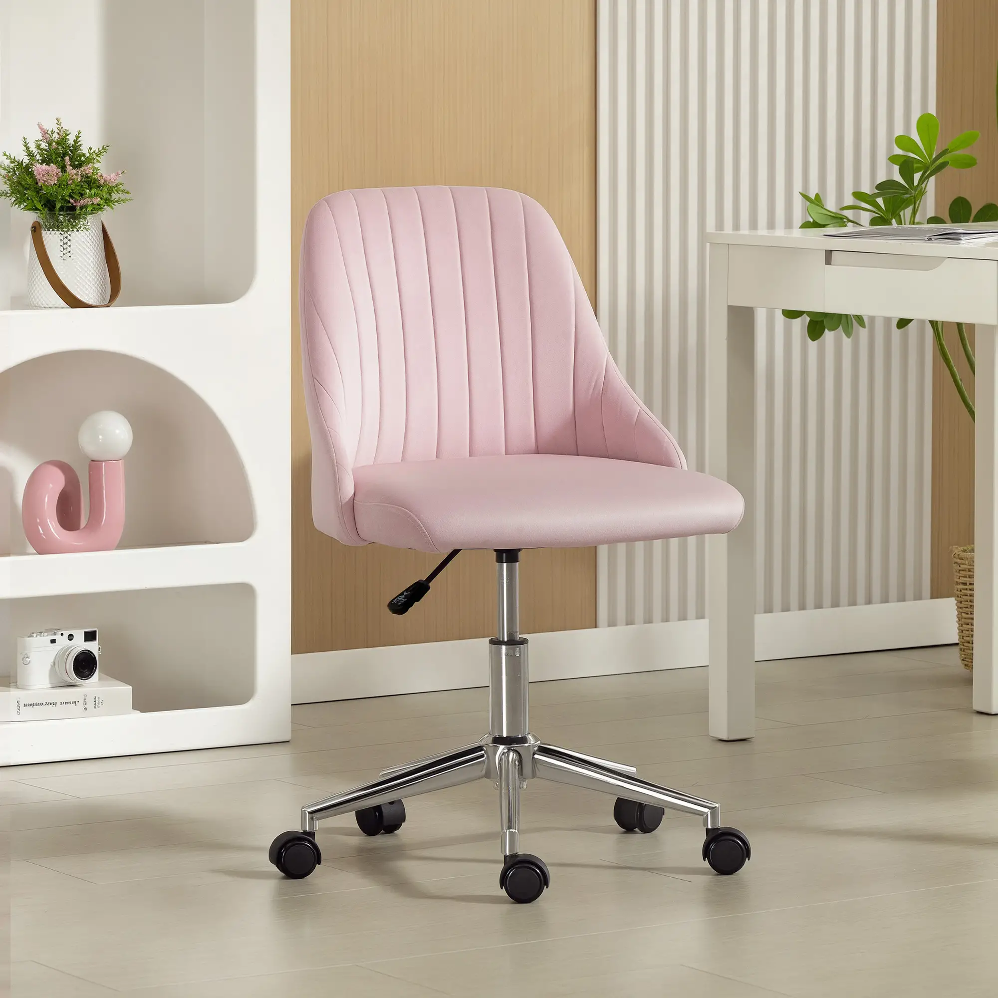 Velvet Makeup Chair, Adjustable Height, Swivel Wheels, Pink - Image 11