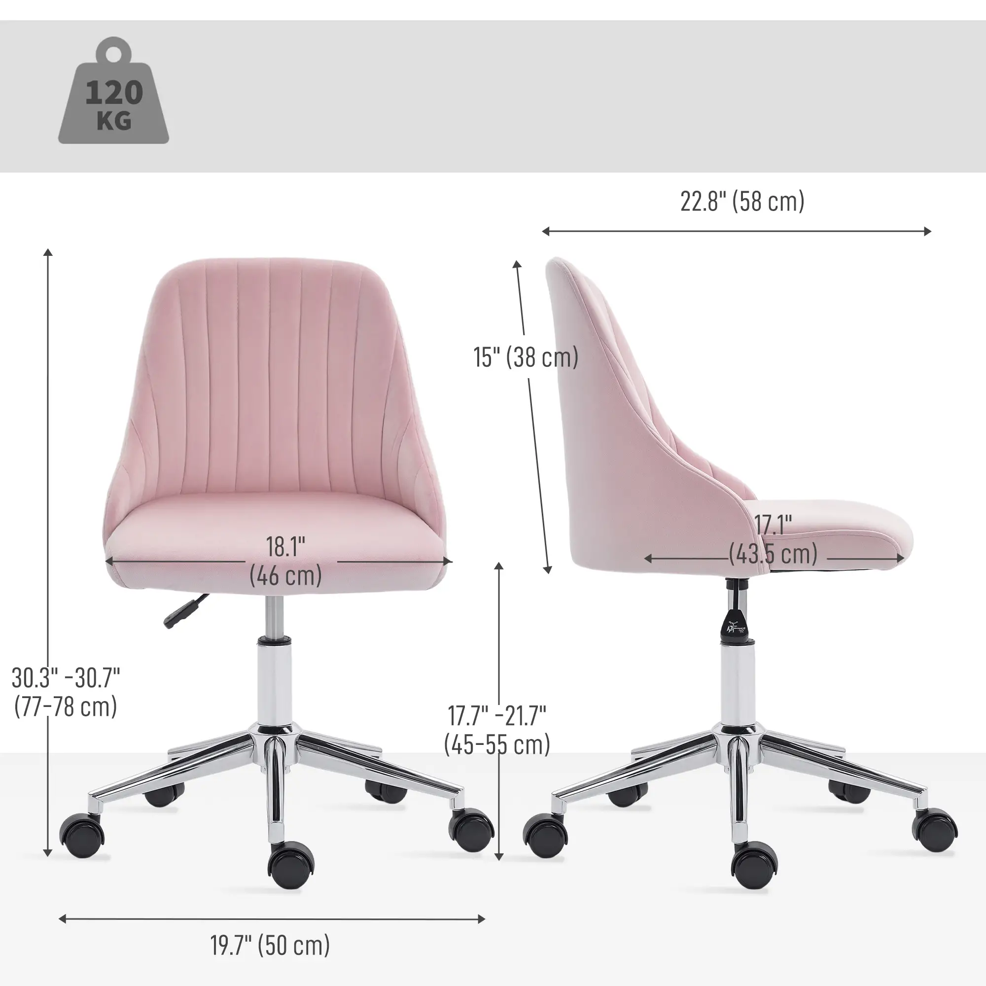 Velvet Makeup Chair, Adjustable Height, Swivel Wheels, Pink - Image 3
