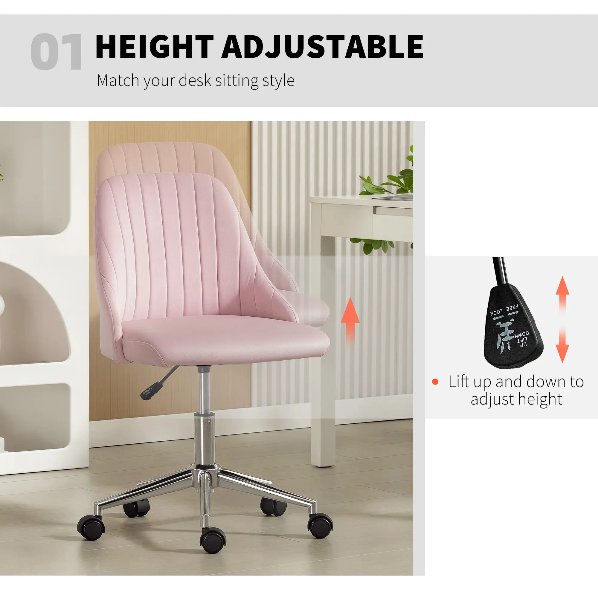 Velvet Makeup Chair, Adjustable Height, Swivel Wheels, Pink - Image 4