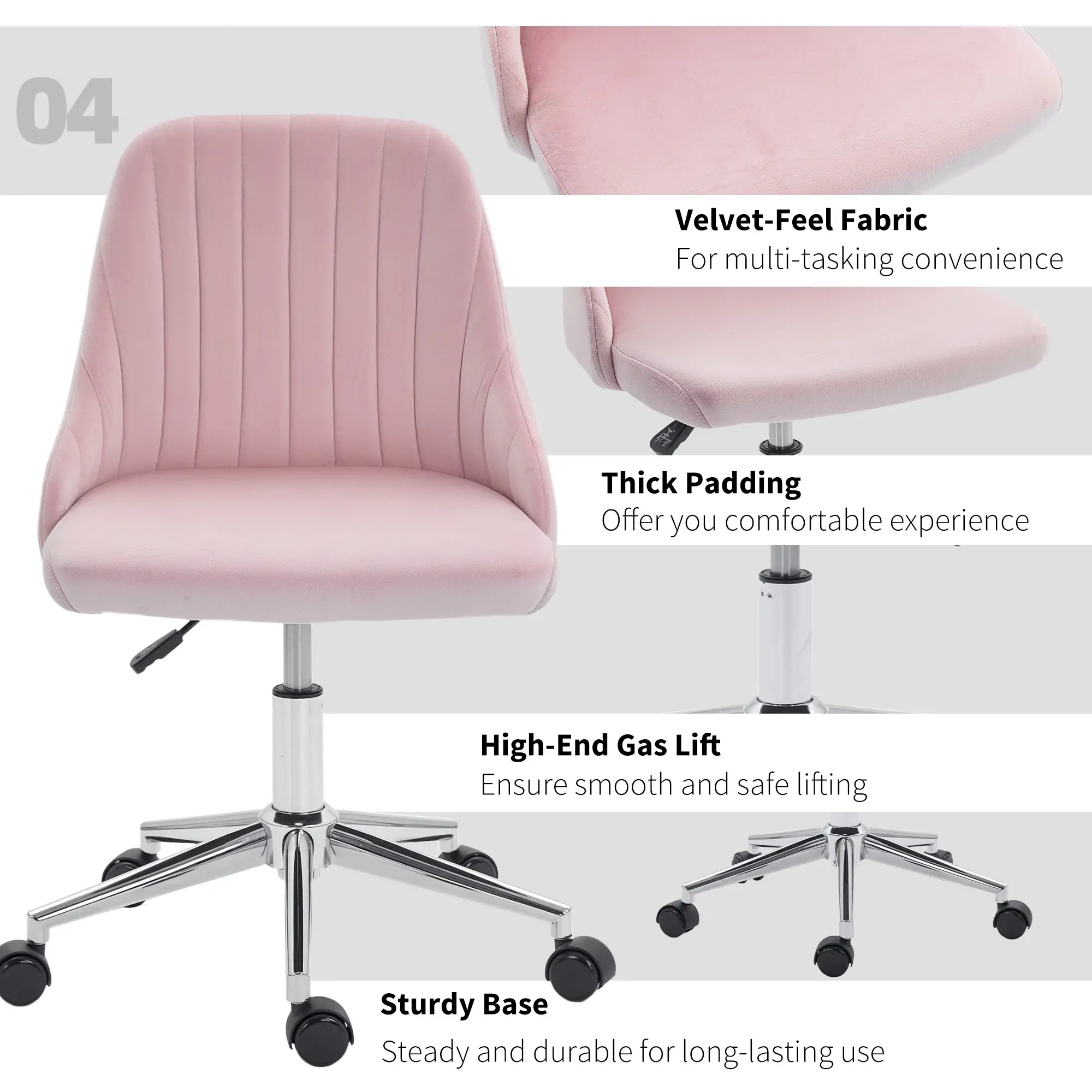 Velvet Makeup Chair, Adjustable Height, Swivel Wheels, Pink - Image 7
