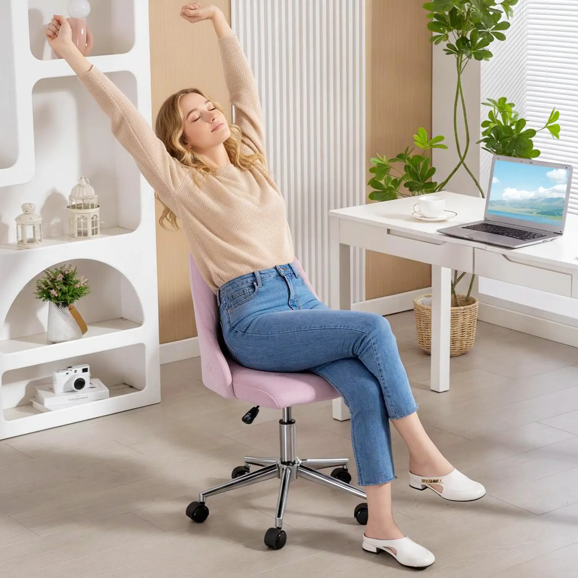 Velvet Makeup Chair, Adjustable Height, Swivel Wheels, Pink - Image 9