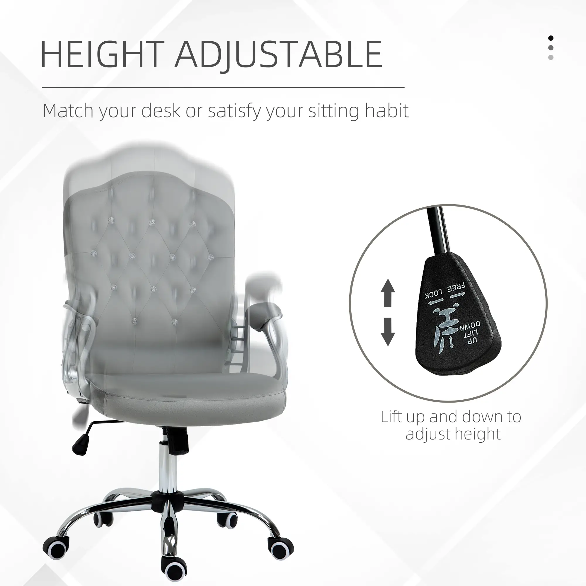 Velvet Office Chair, Button Tufted Desk Chair, Adjustable Height, Grey - Image 4