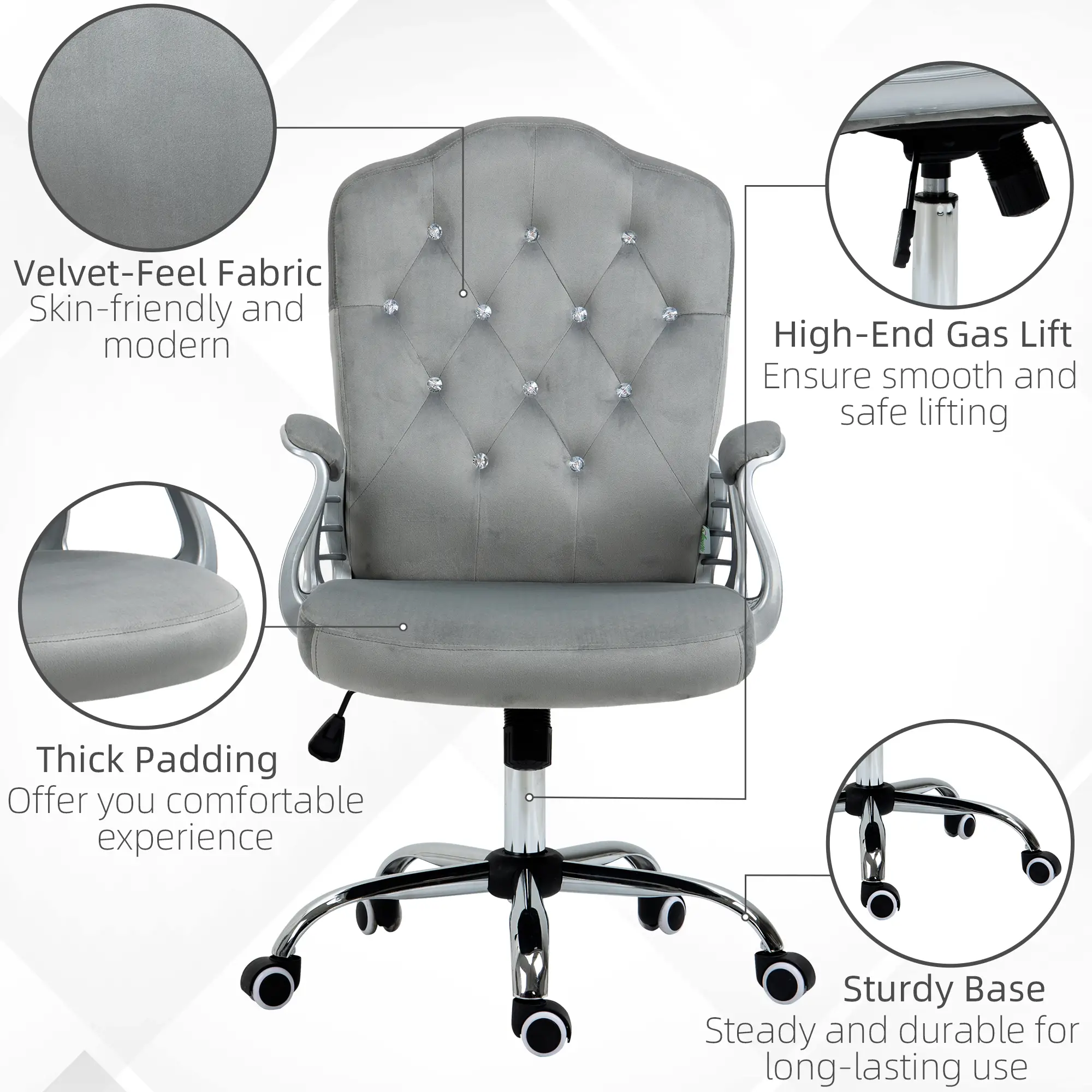 Velvet Office Chair, Button Tufted Desk Chair, Adjustable Height, Grey - Image 7