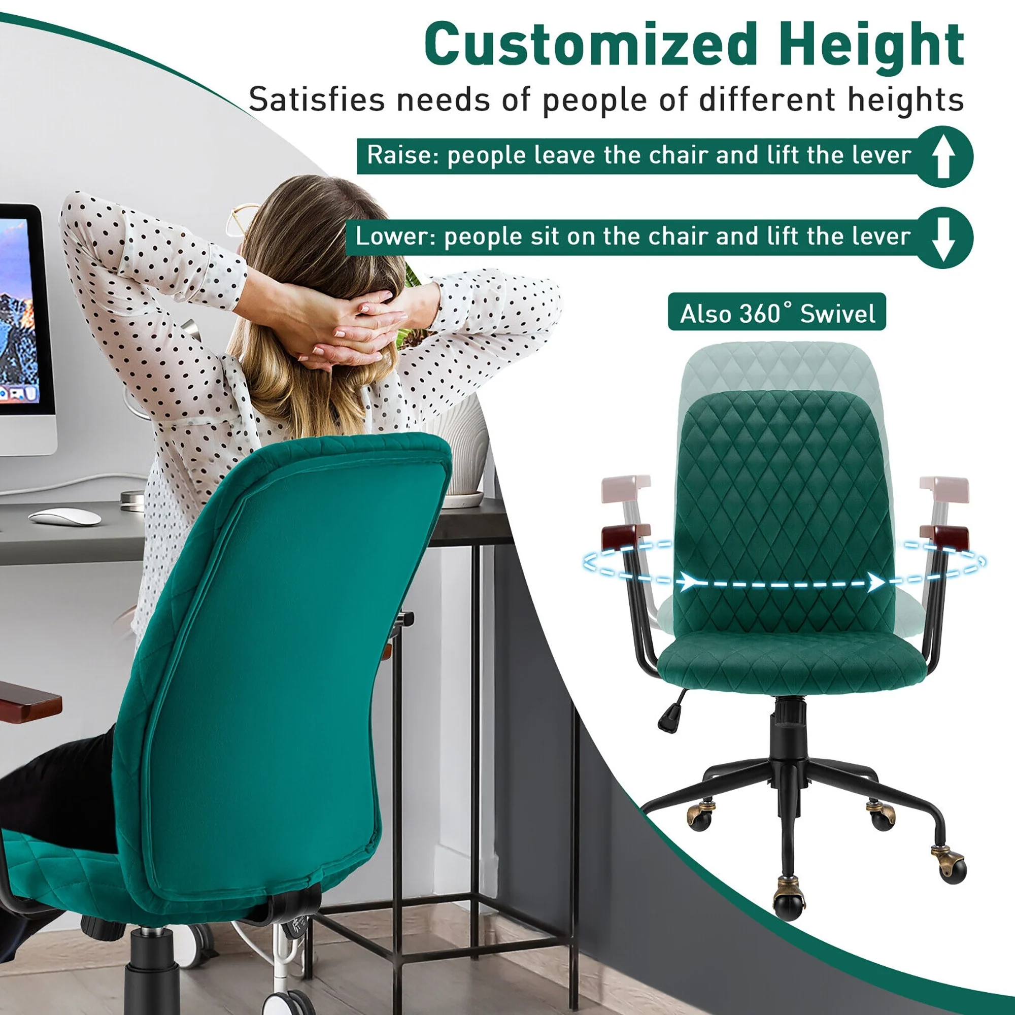 Velvet Office Chair With Wooden Armrest, Green - Image 10