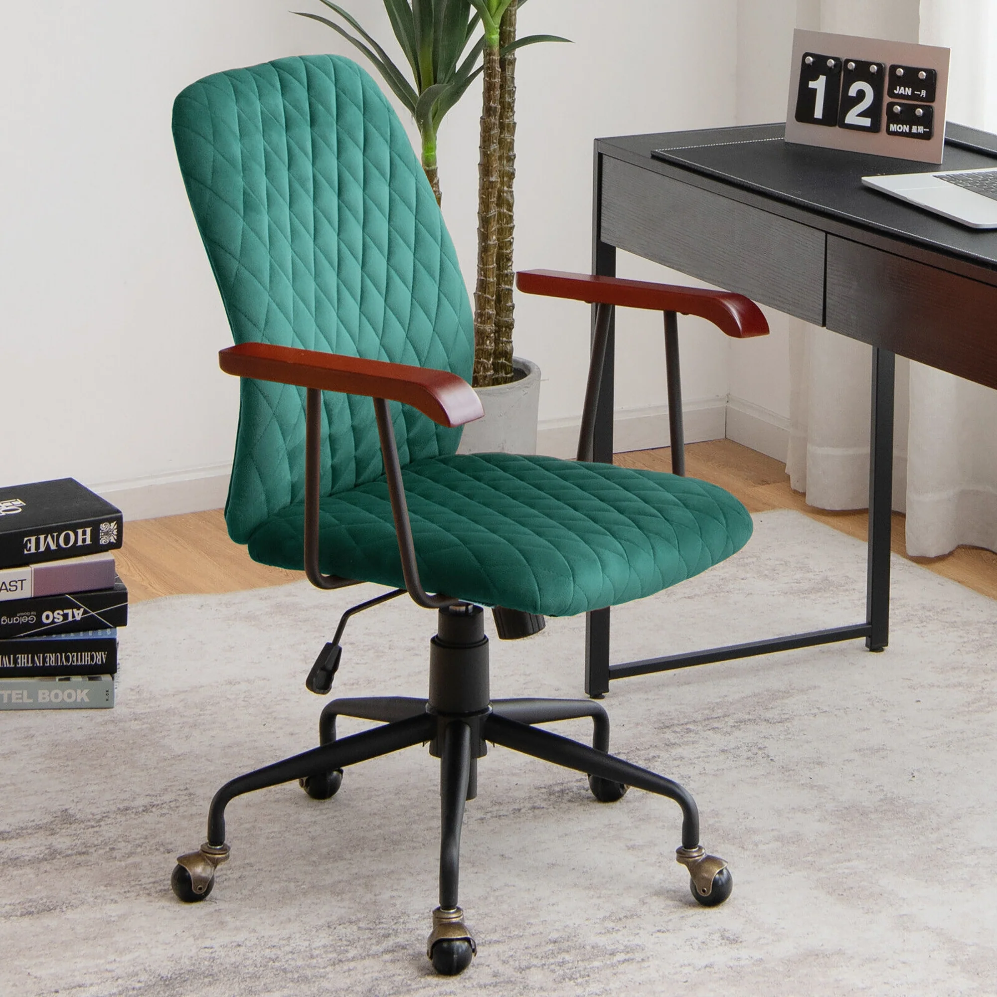 Velvet Office Chair With Wooden Armrest, Green - Image 2