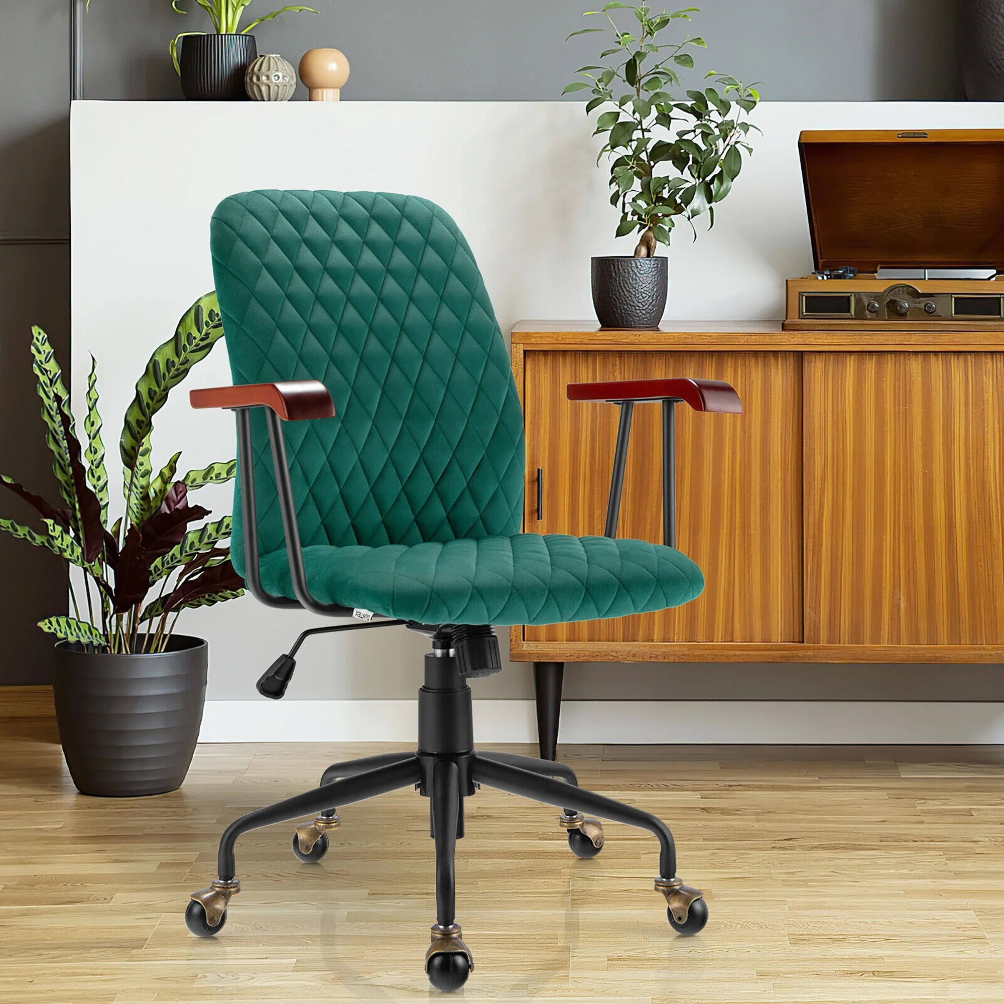 Velvet Office Chair With Wooden Armrest, Green - Image 3