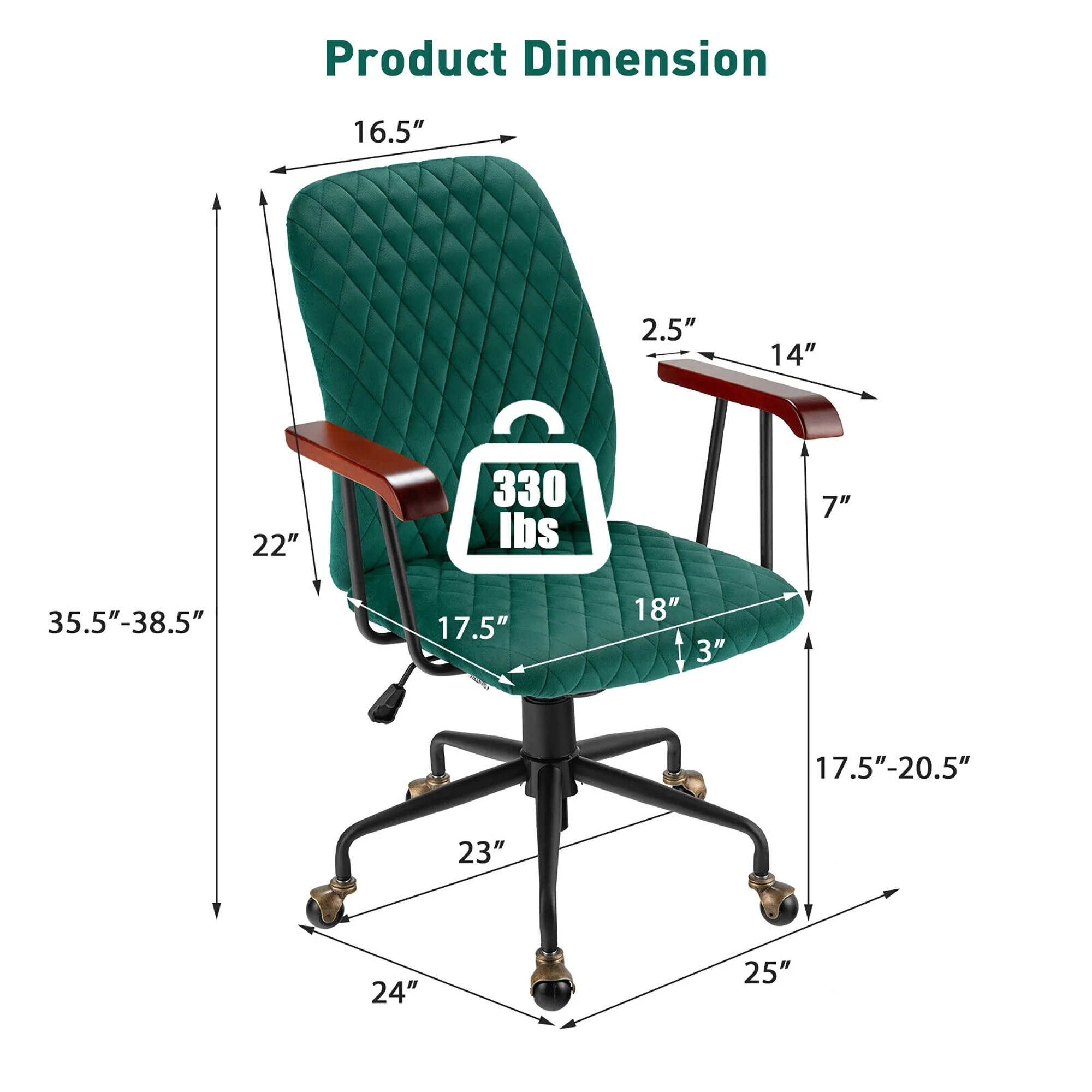 Velvet Office Chair With Wooden Armrest, Green - Image 5