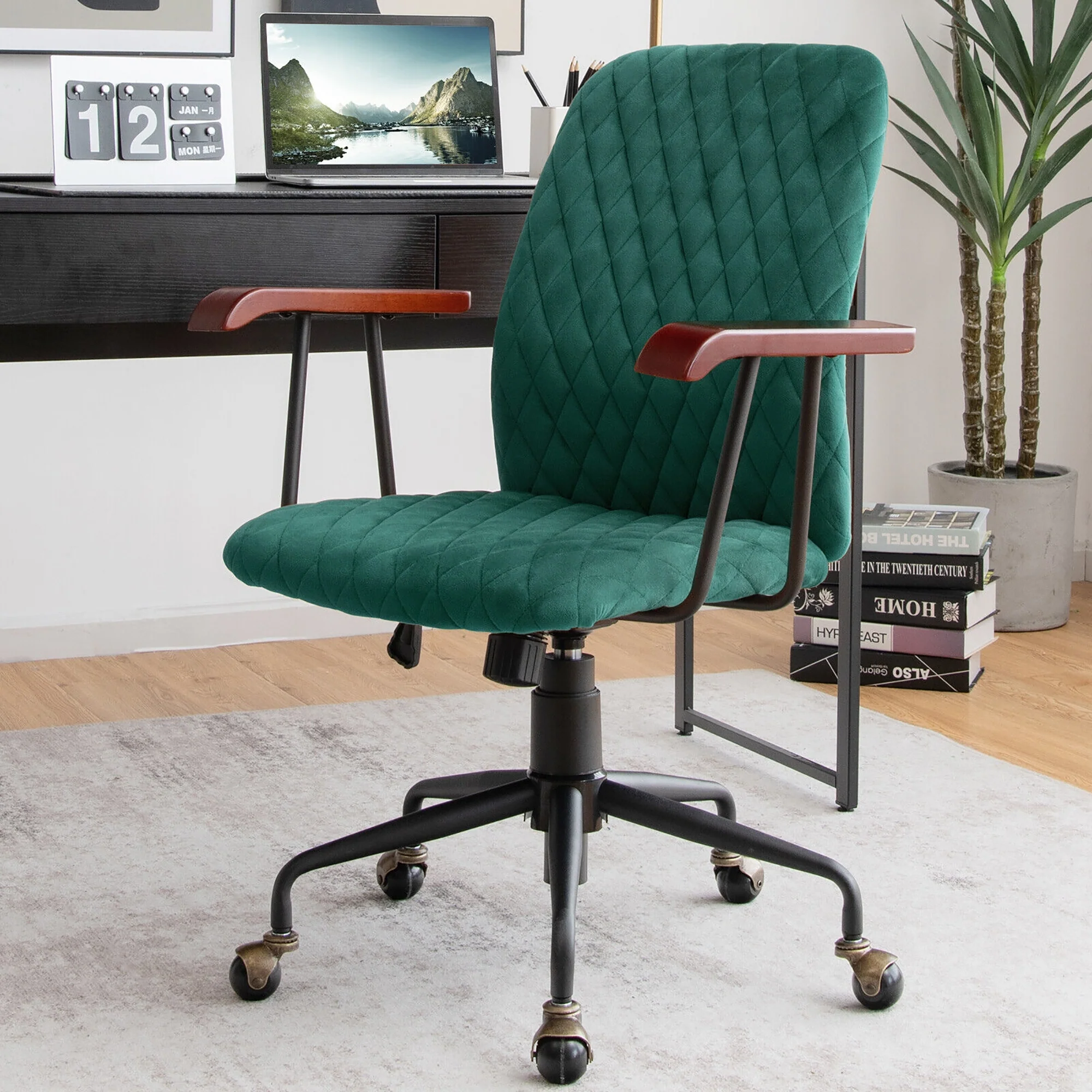 Velvet Office Chair With Wooden Armrest, Green - Image 6