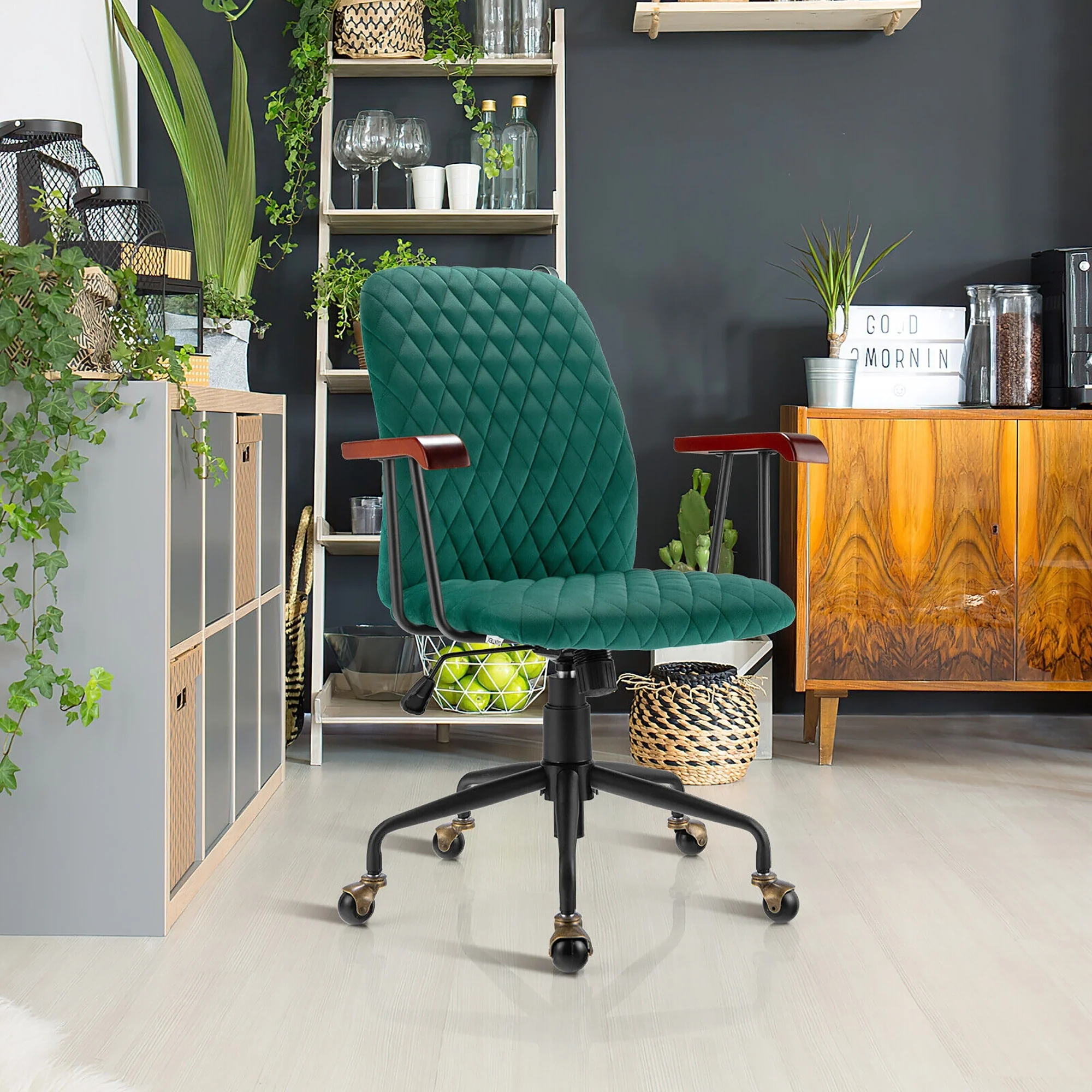 Velvet Office Chair With Wooden Armrest, Green - Image 7