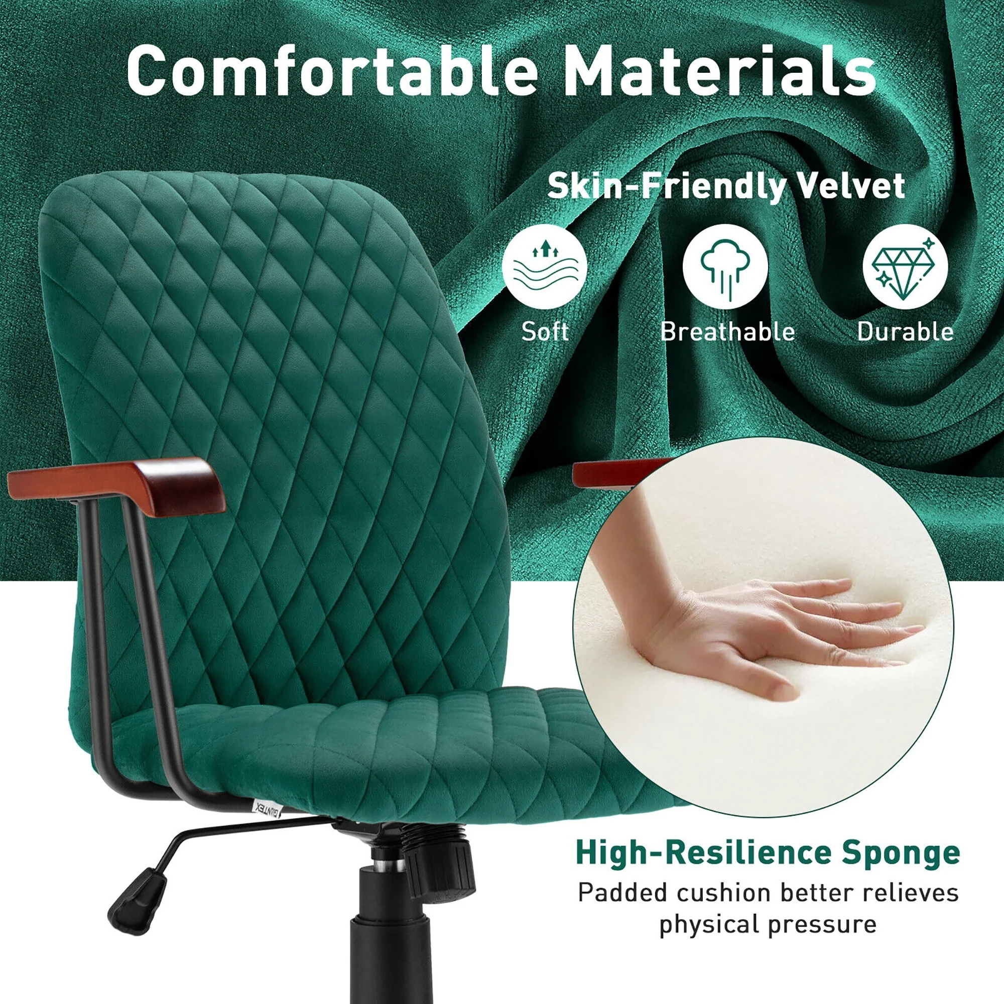 Velvet Office Chair With Wooden Armrest, Green - Image 8