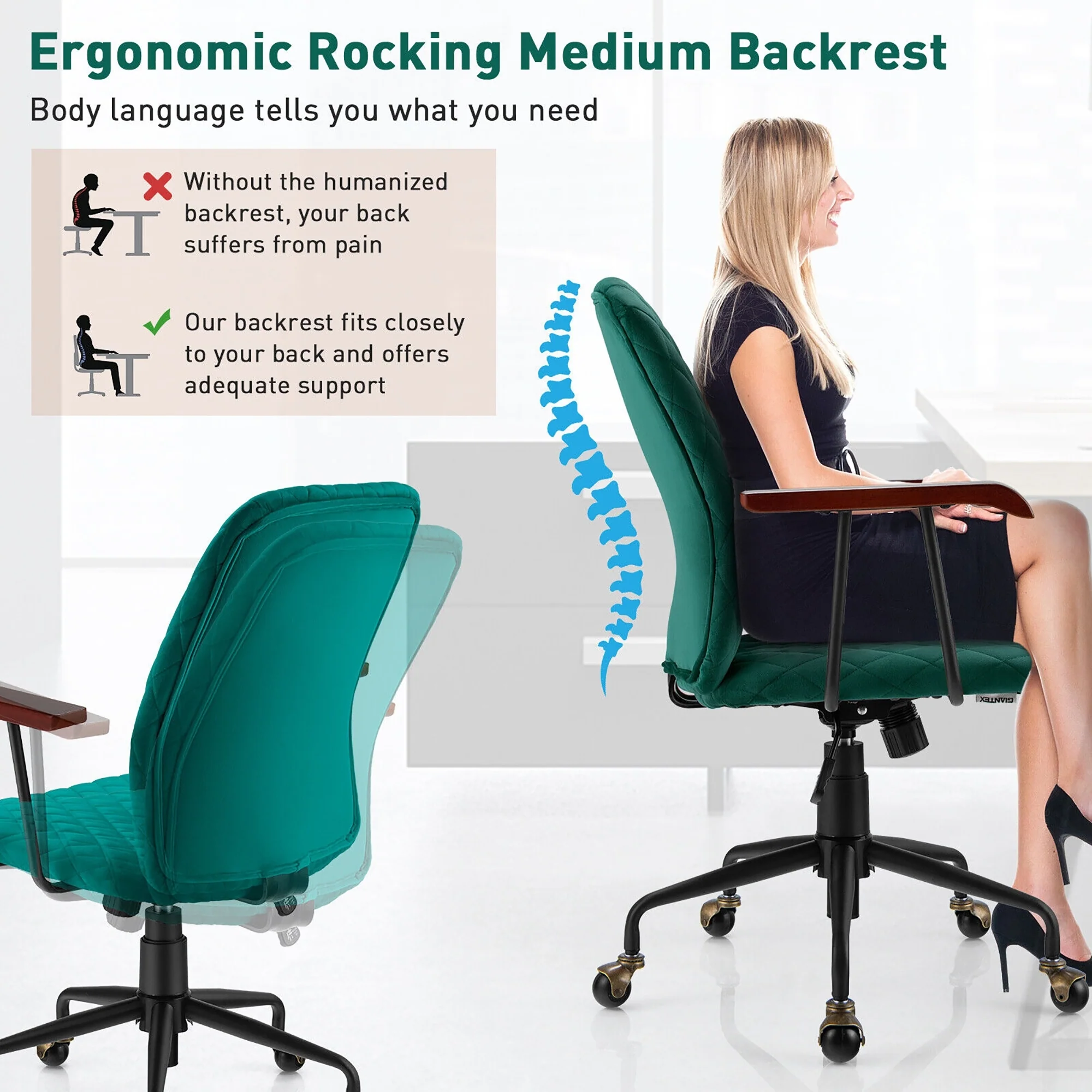 Velvet Office Chair With Wooden Armrest, Green - Image 9