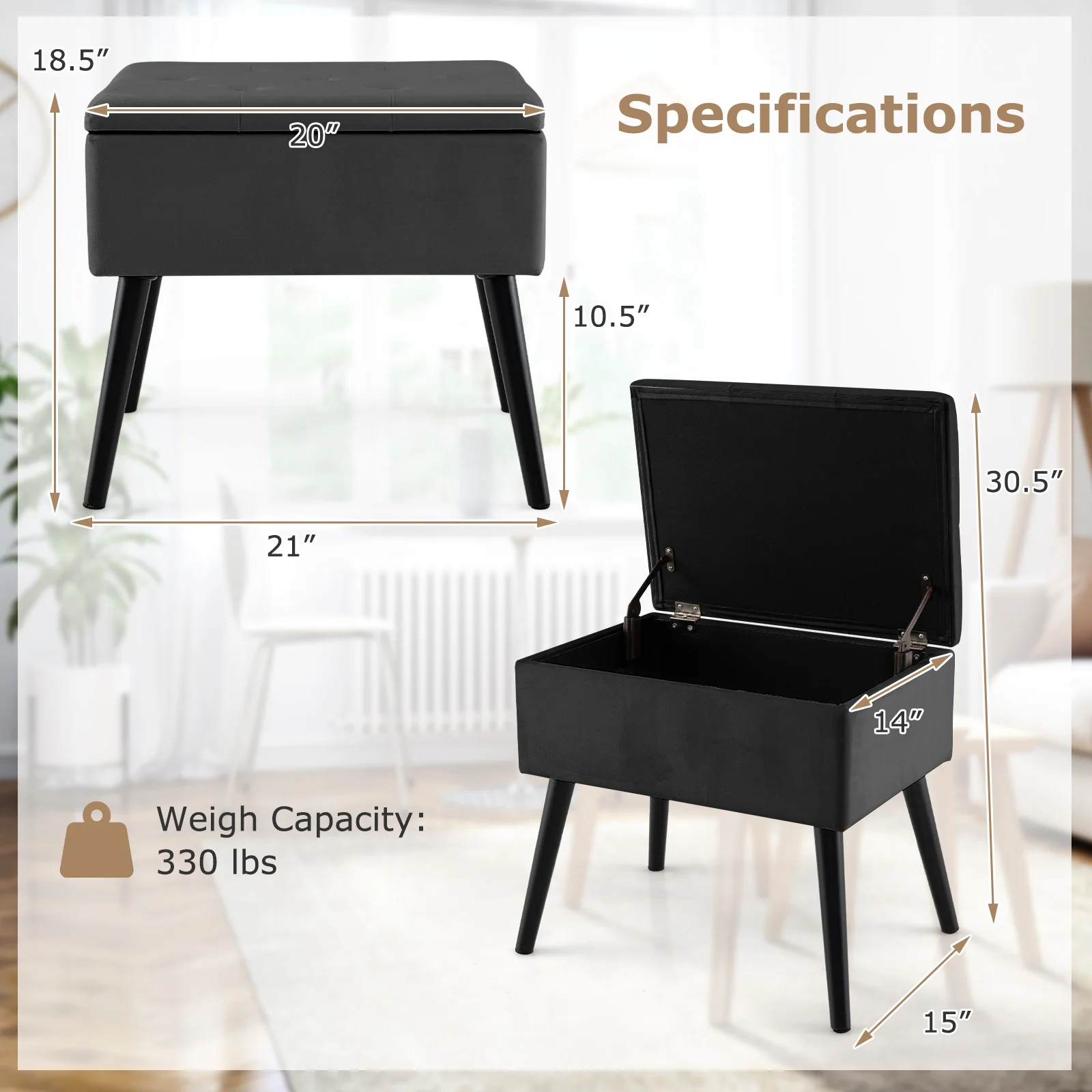 Velvet Storage Ottoman, Solid Wood Legs, Black - Image 6