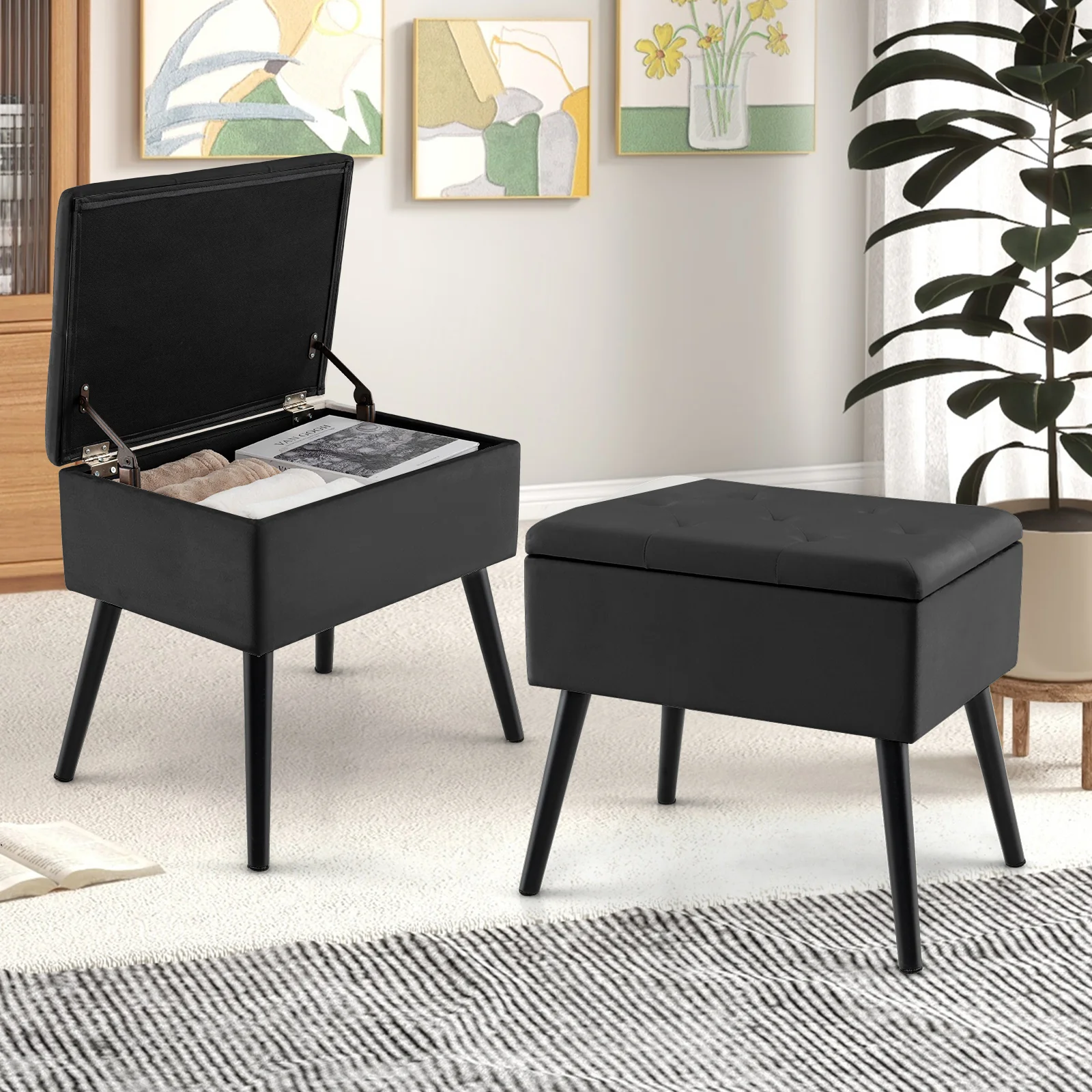 Velvet Storage Ottoman, Solid Wood Legs, Black - Image 7
