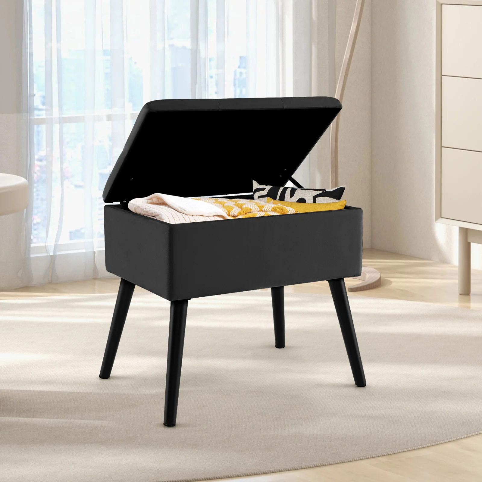 Velvet Storage Ottoman, Solid Wood Legs, Black - Image 8