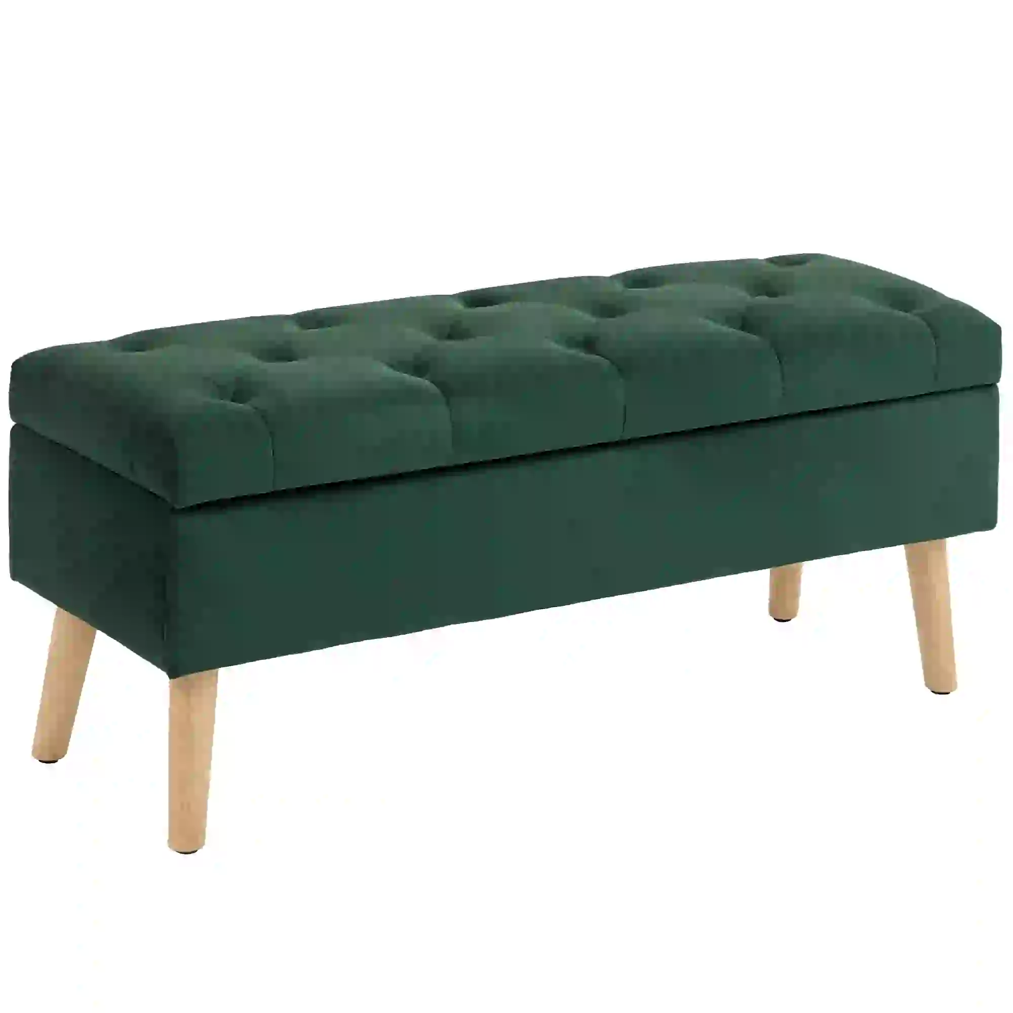 Velvet Storage Ottoman with Lid, Wood Legs, Dark Green