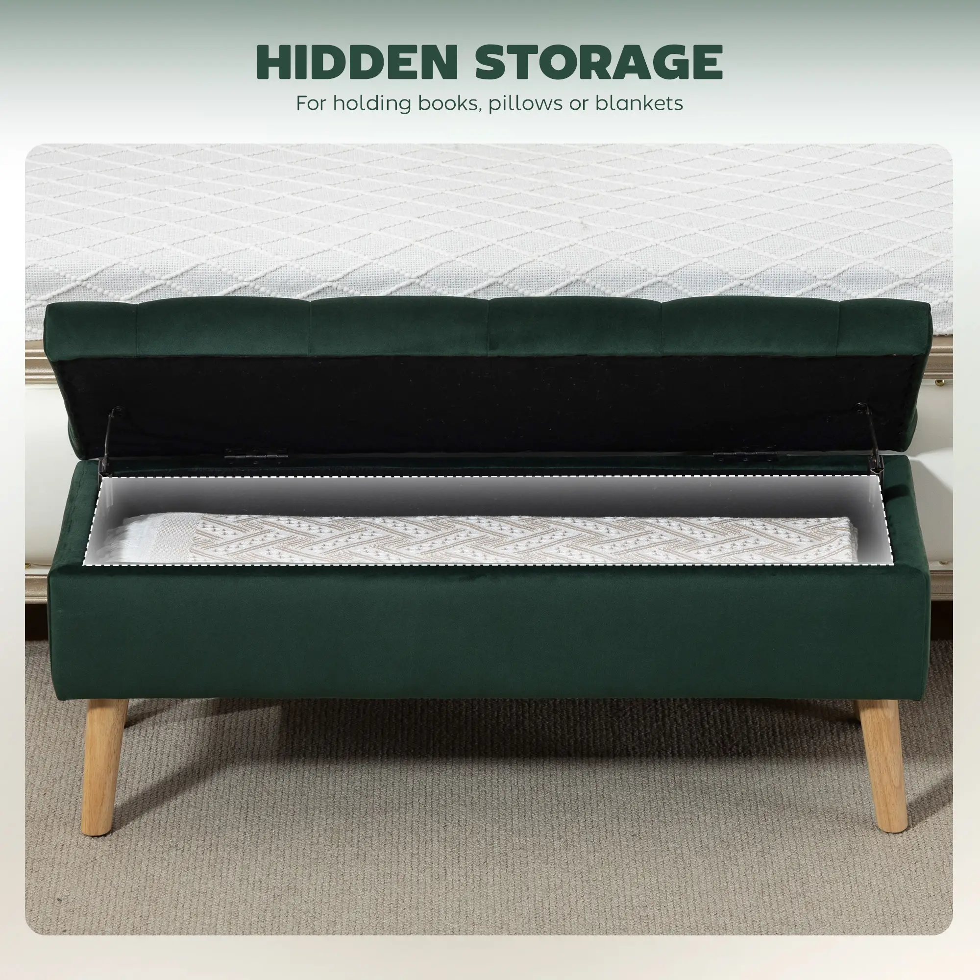 Velvet Storage Ottoman with Lid, Wood Legs, Dark Green - Image 4
