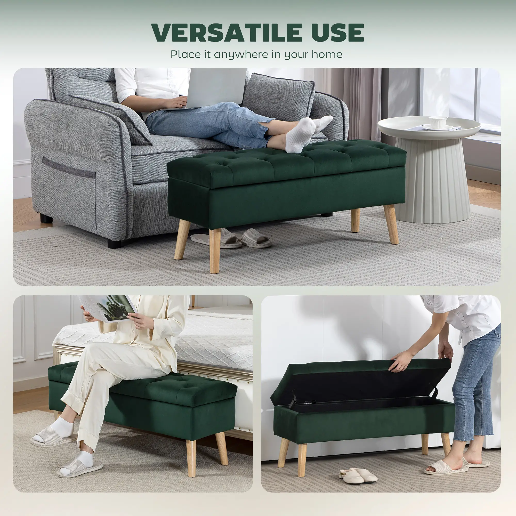 Velvet Storage Ottoman with Lid, Wood Legs, Dark Green - Image 7