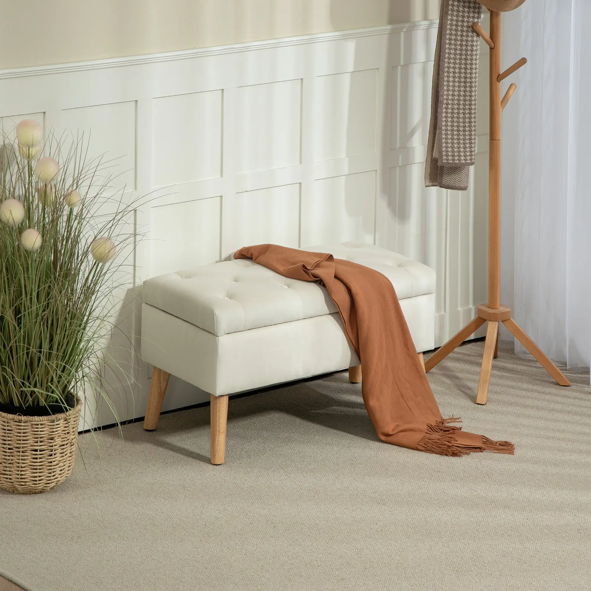 Velvet Storage Ottoman with Lid, Wood Legs, Cream White - Image 2