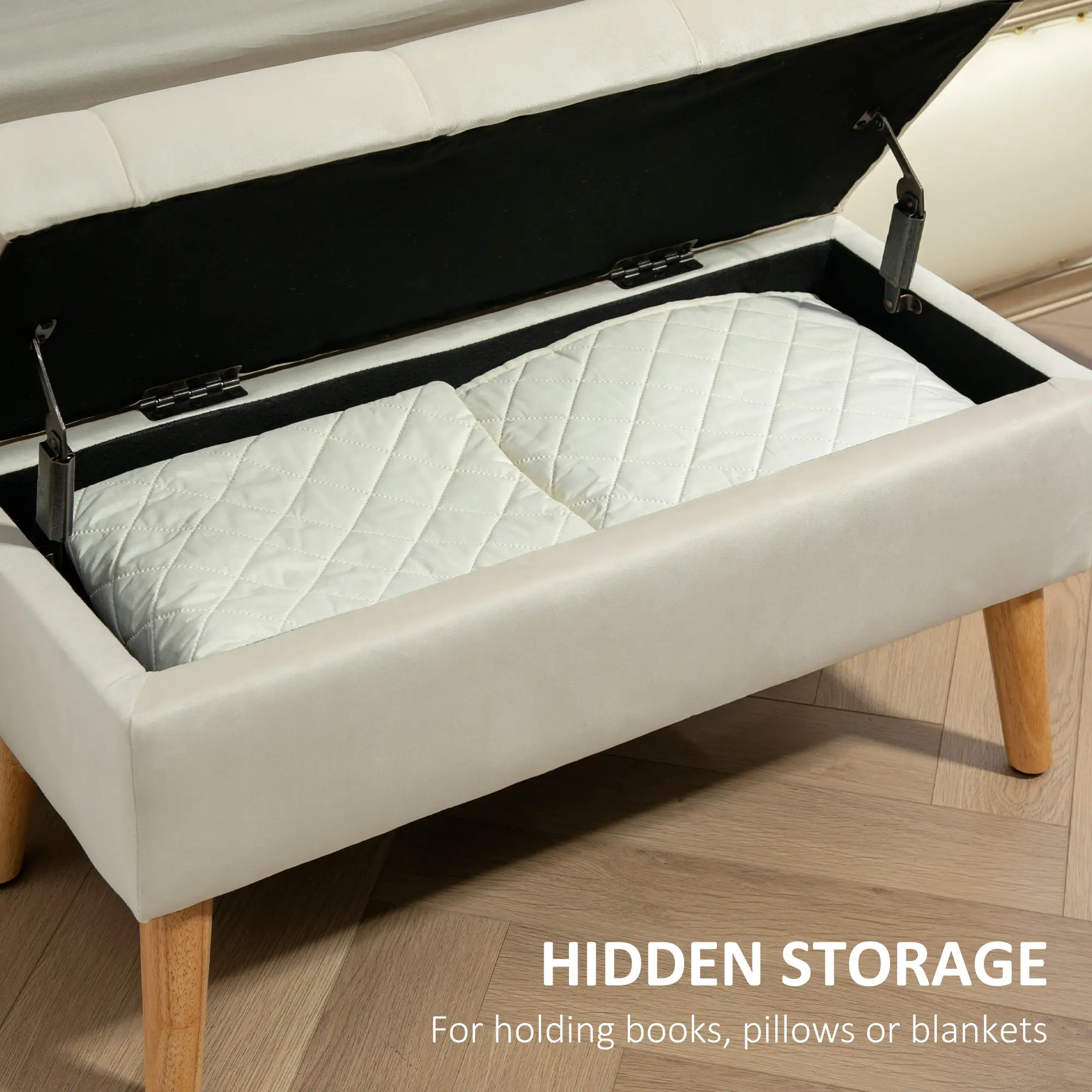 Velvet Storage Ottoman with Lid, Wood Legs, Cream White - Image 4